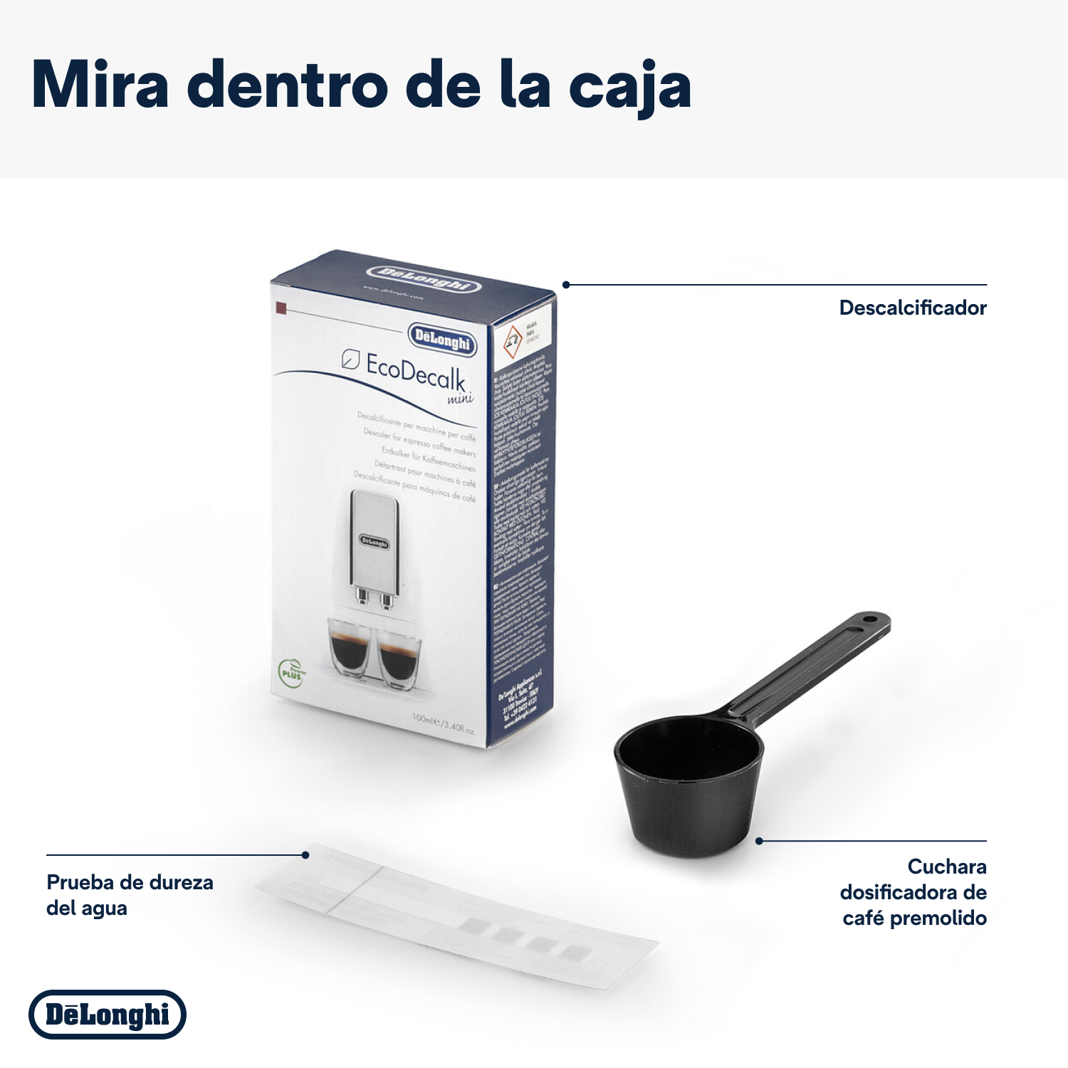 Una caja con descalcificador Delonghi, una cuchara medidora y una tira de prueba de dureza del agua.