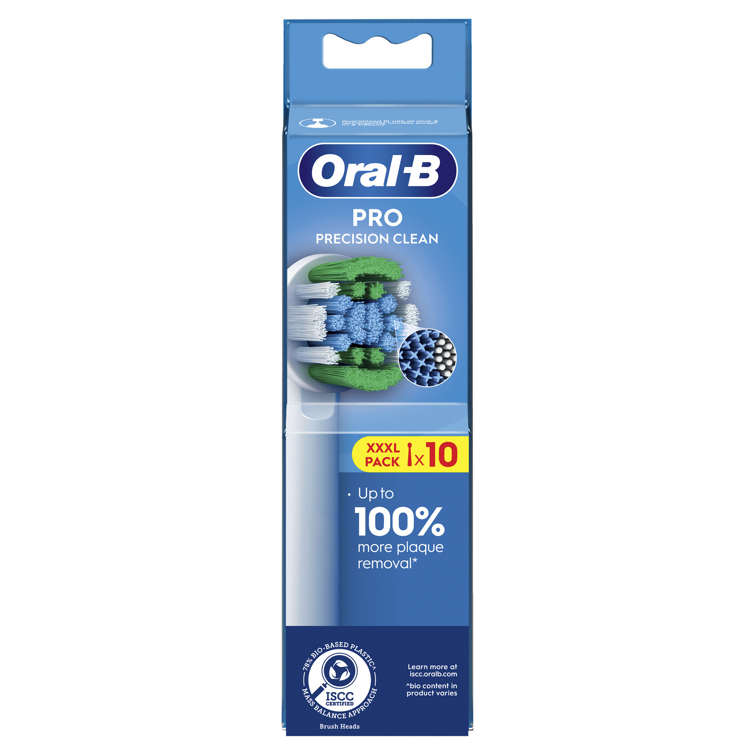 Têtes de brosse à dents dans une boîte bleue et blanche avec du texte.