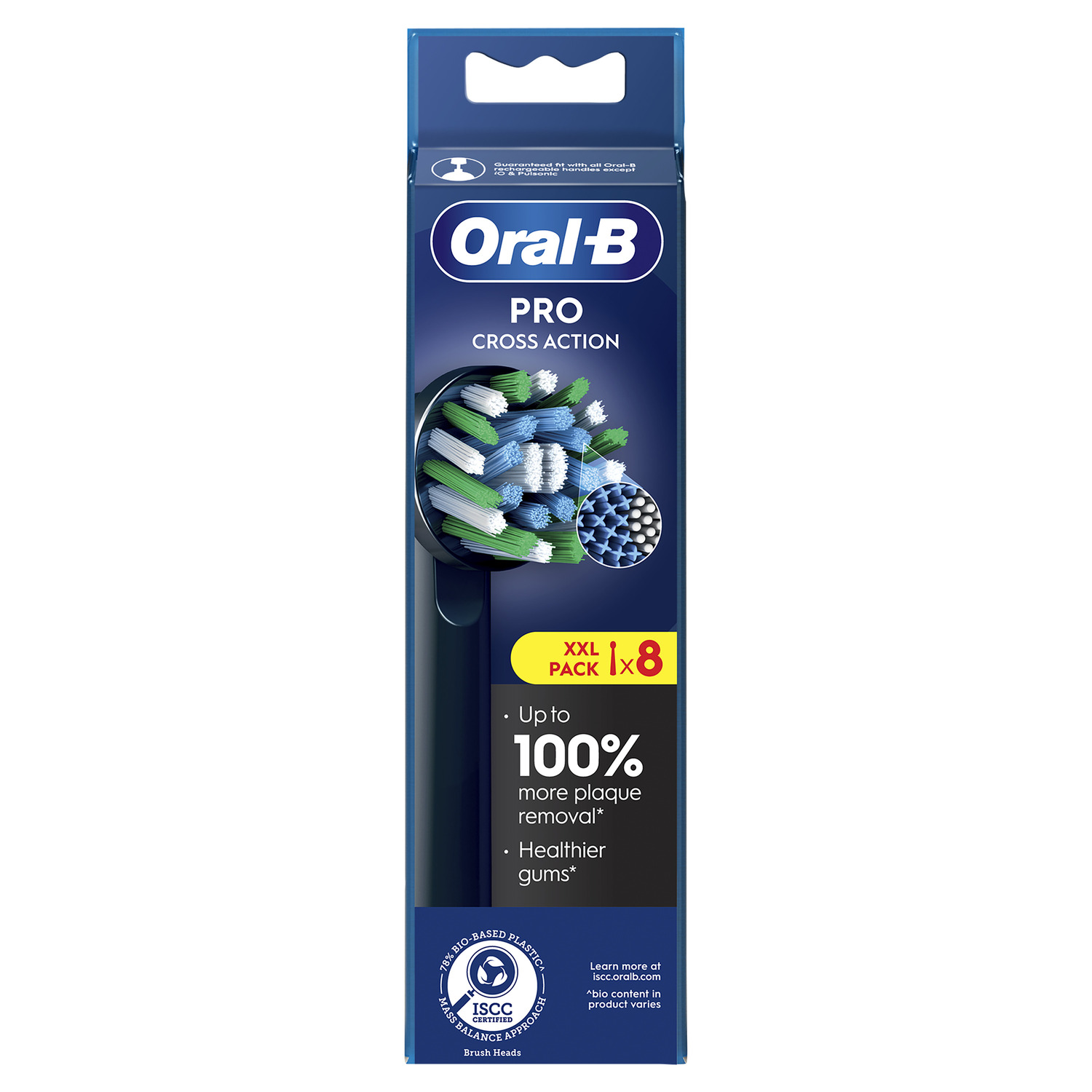 Emballage de tête de brosse à dents Oral-B. Soies blanches, bleues et vertes. Indique l'élimination de la plaque.