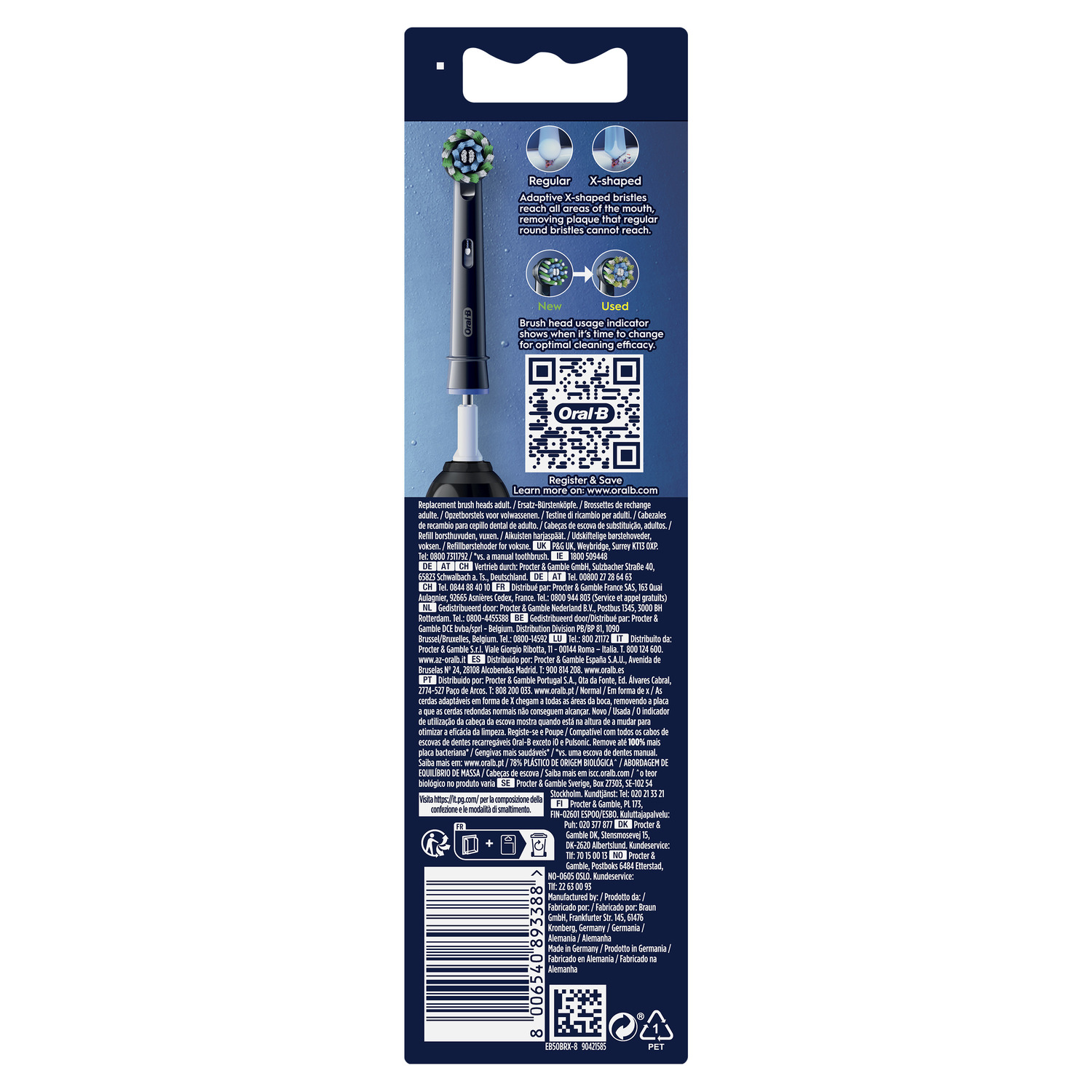 Dos de l'emballage de la brosse à dents. Montre une tête de brosse à dents et du texte. Code QR et informations sur le produit.