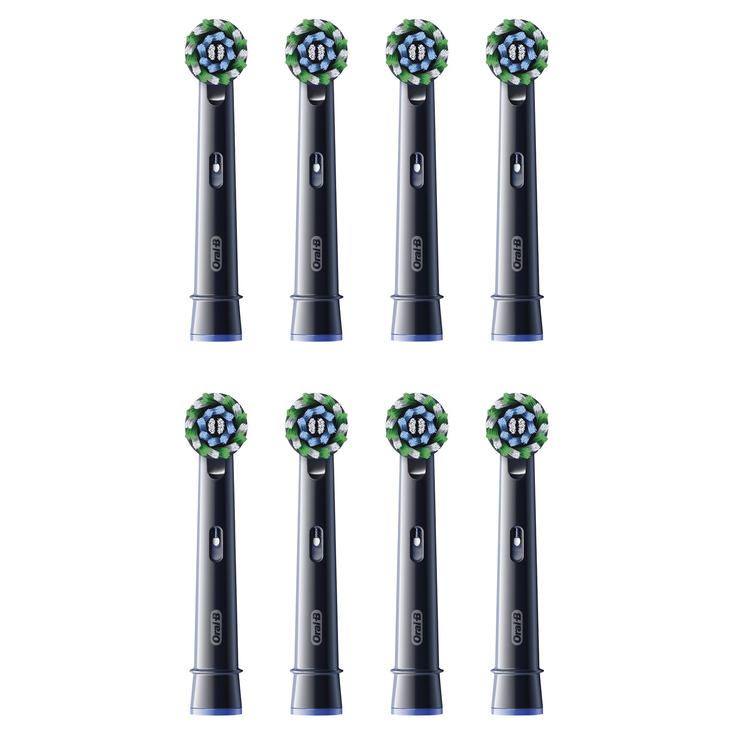 Ensemble de huit têtes de brosse à dents noires et bleues. Chaque tête a des poils verts et bleus.