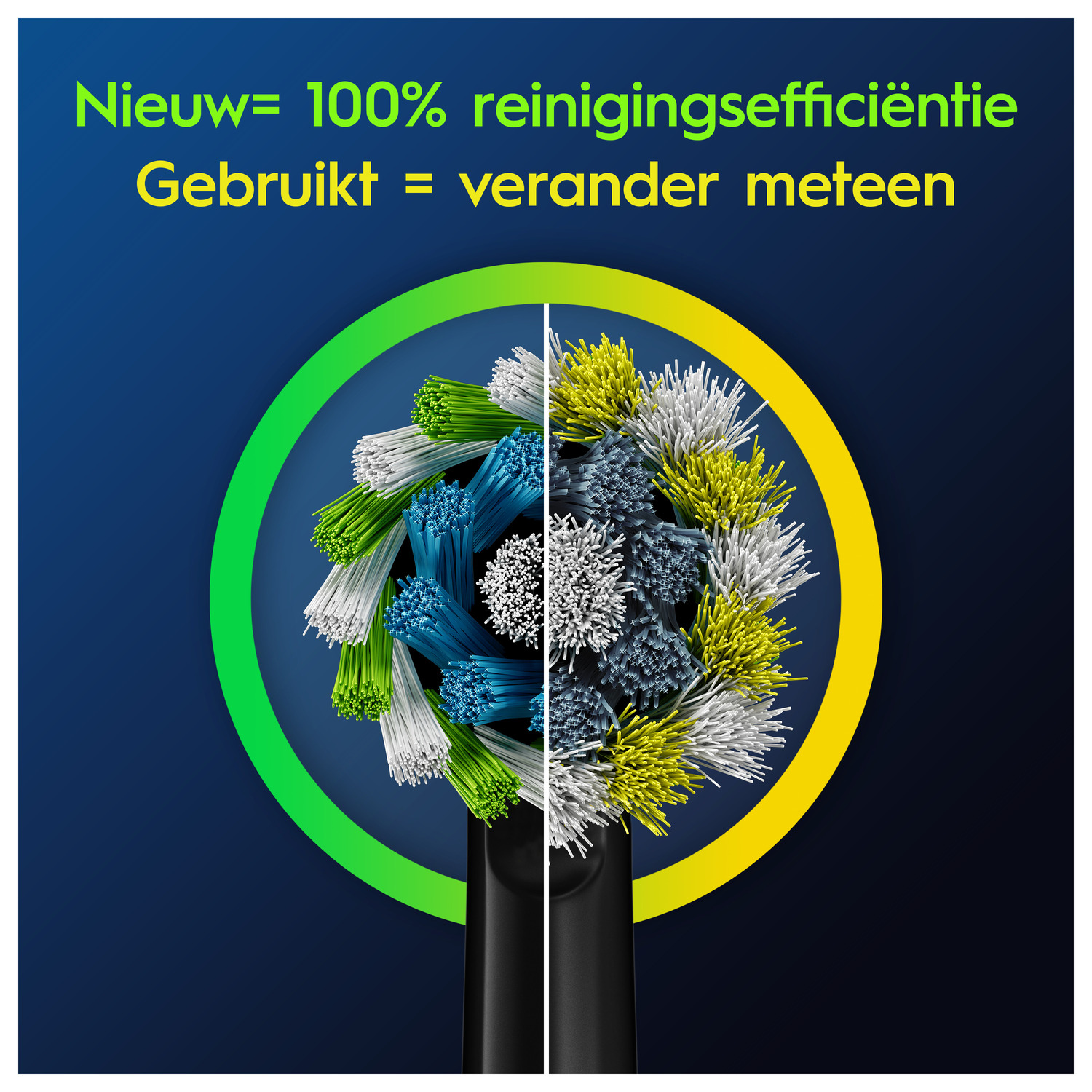 Toothbrush head, half clean, half used, with text about cleaning efficiency.