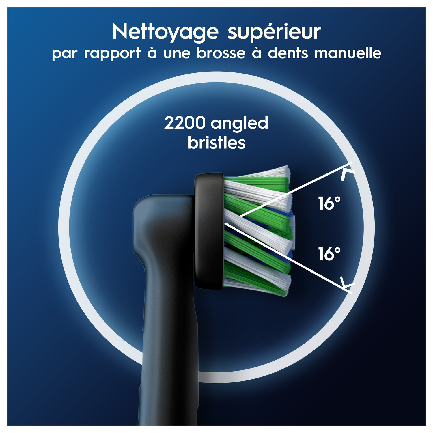 Tête de brosse à dents électrique avec soies angulaires. Le texte dit : nettoyage supérieur.