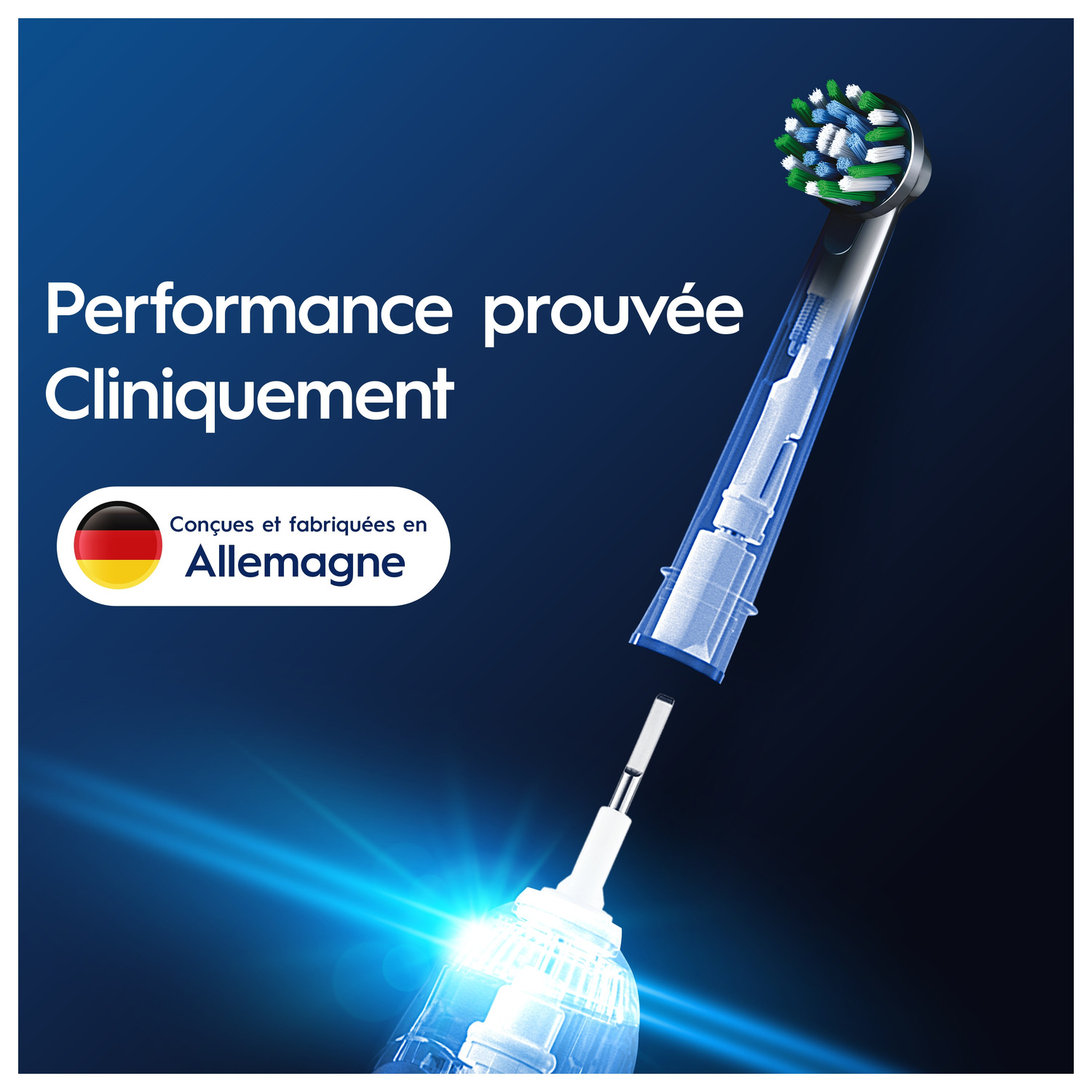 Tête de brosse à dents électrique avec texte : Performance cliniquement prouvée, fabriqué en Allemagne. Fond bleu.