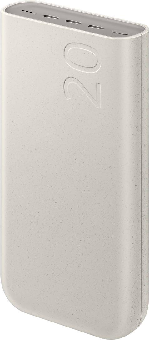 Batterie externe beige avec bords arrondis. Le chiffre '20' est en relief sur le côté.