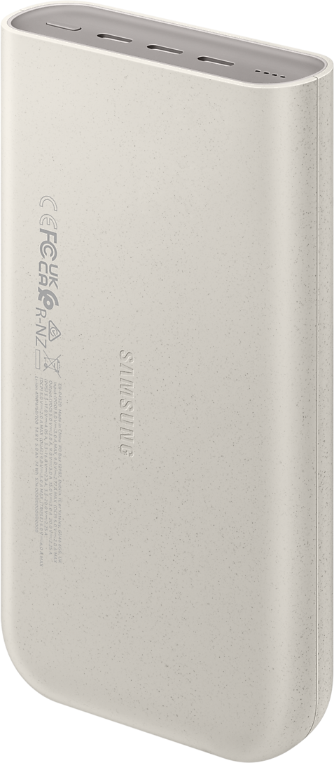 Batterie externe rectangulaire de couleur crème. Comporte le logo Samsung et diverses informations sur le produit au dos.