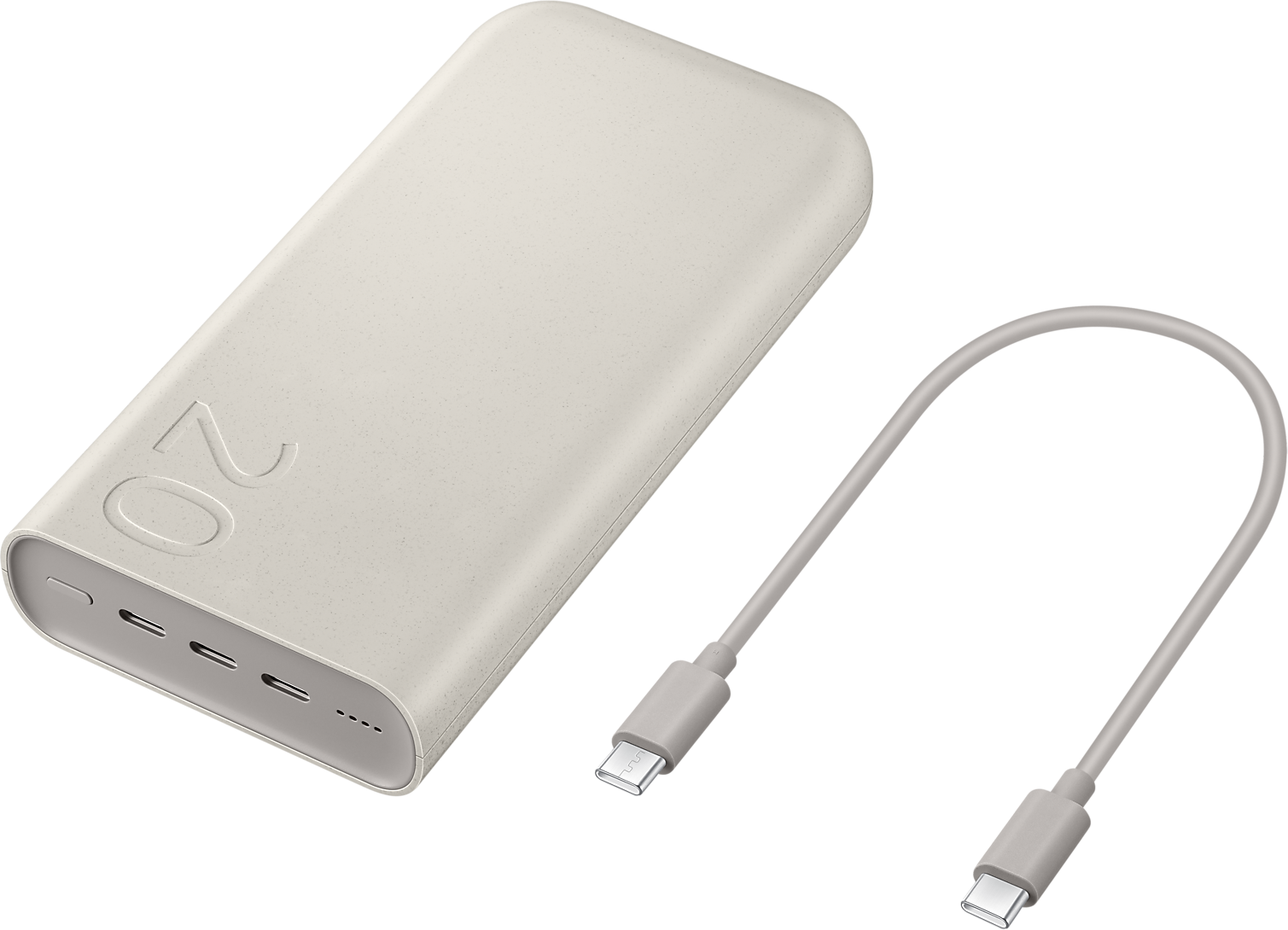 Batterie externe beige avec un câble de charge. Le chiffre 20 est dessus.