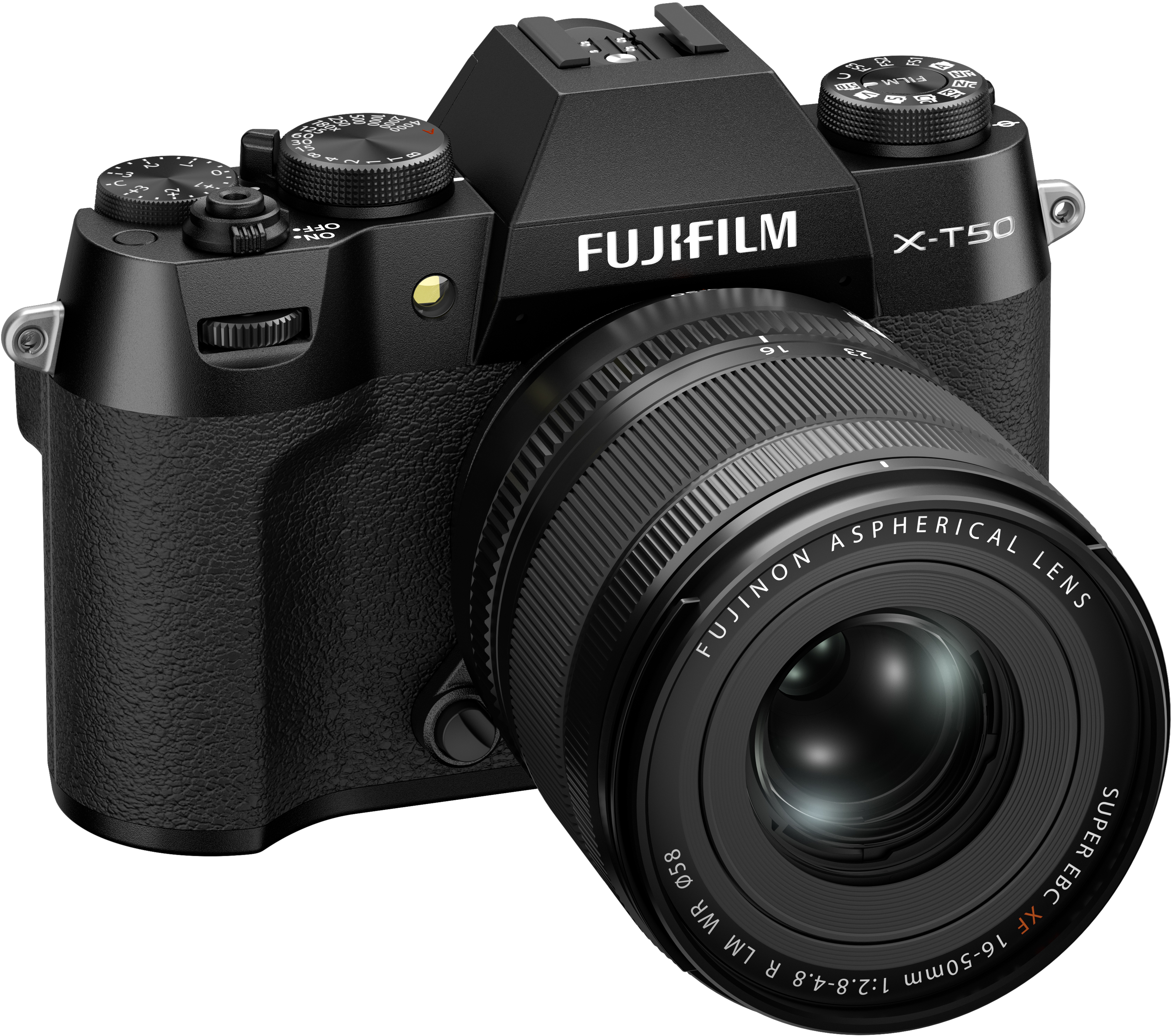 Schwarze Fujifilm X-T50 Kamera mit Objektiv. Das Objektiv hat eine schwarze und silberne Farbe.