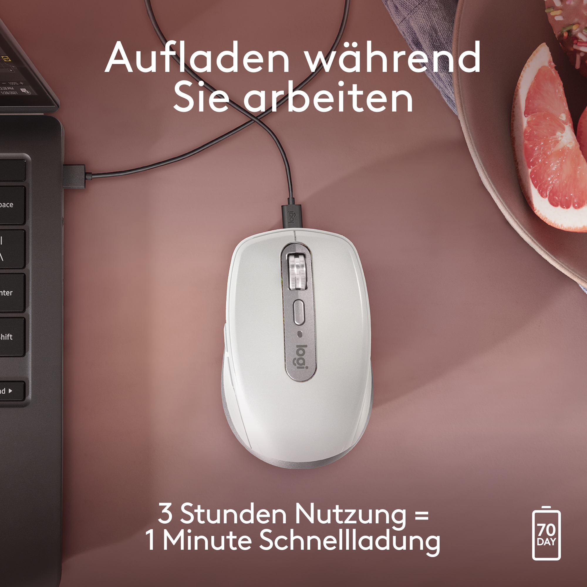 Weiße Maus, die mit einem USB-C-Kabel aufgeladen wird, Laptop.