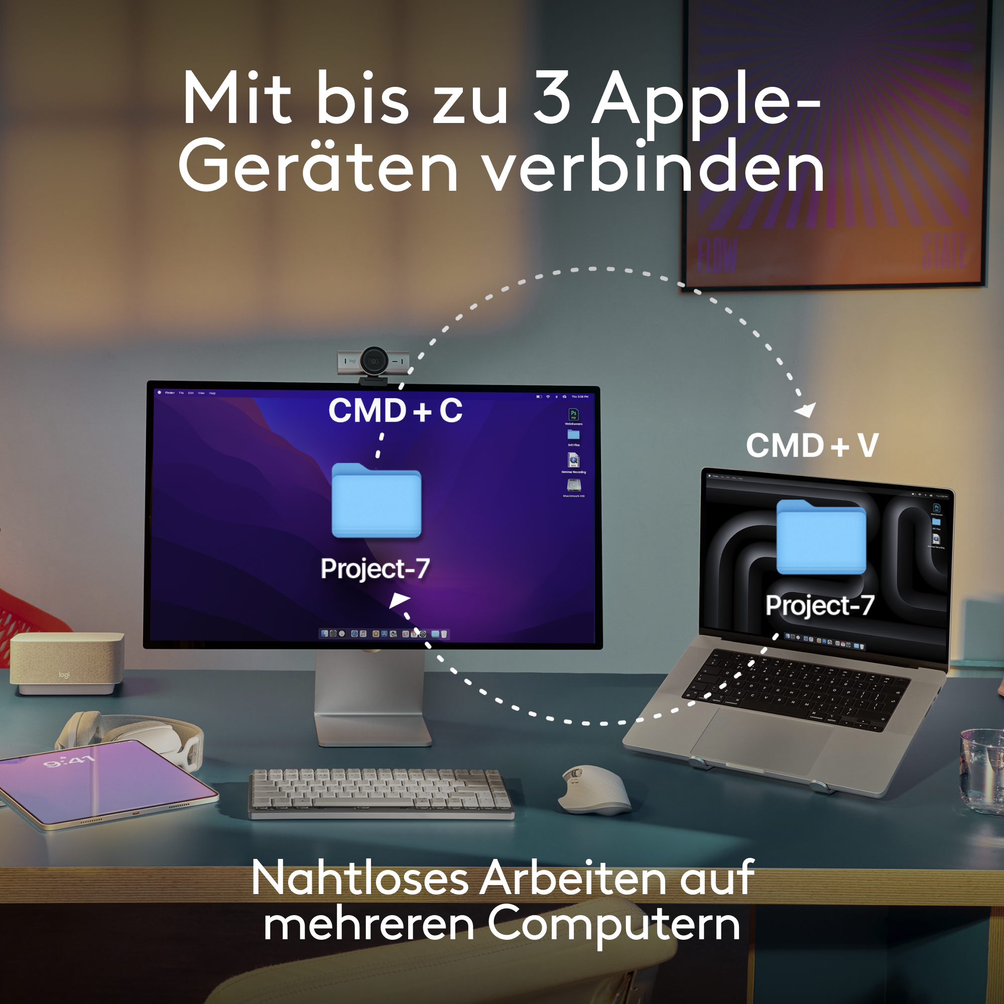 Szene mit Laptop, Tablet, Monitor und Webcam oben, mit Text oben.