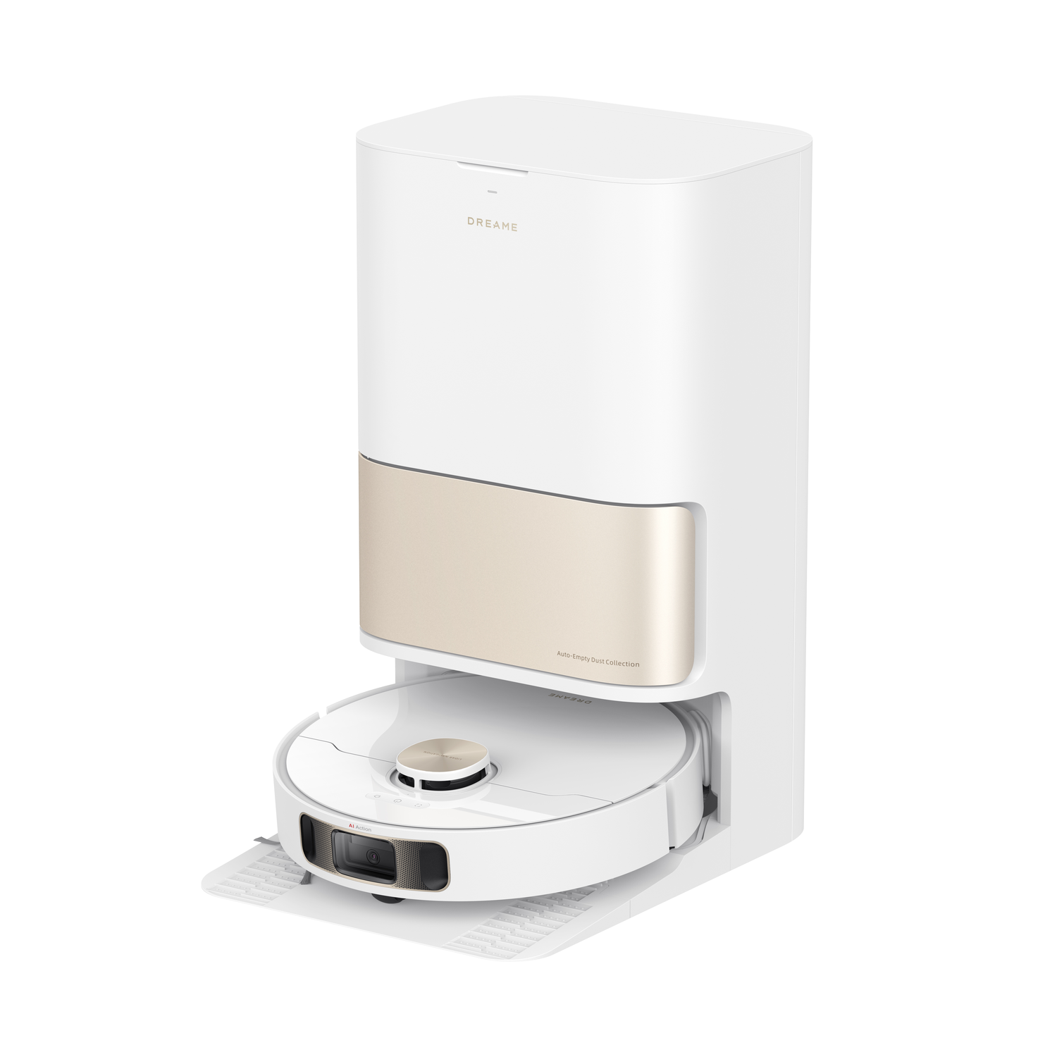 Witte en gouden robotstofzuiger met oplaadstation.