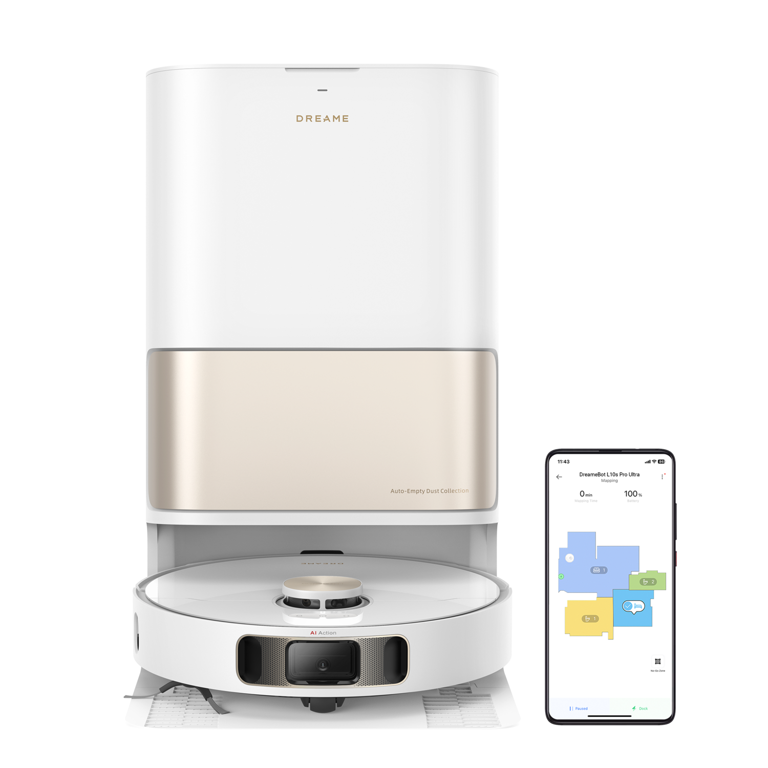 Een witte en beige robotstofzuiger en een telefoon met een plattegrond. Met oplaadstation.