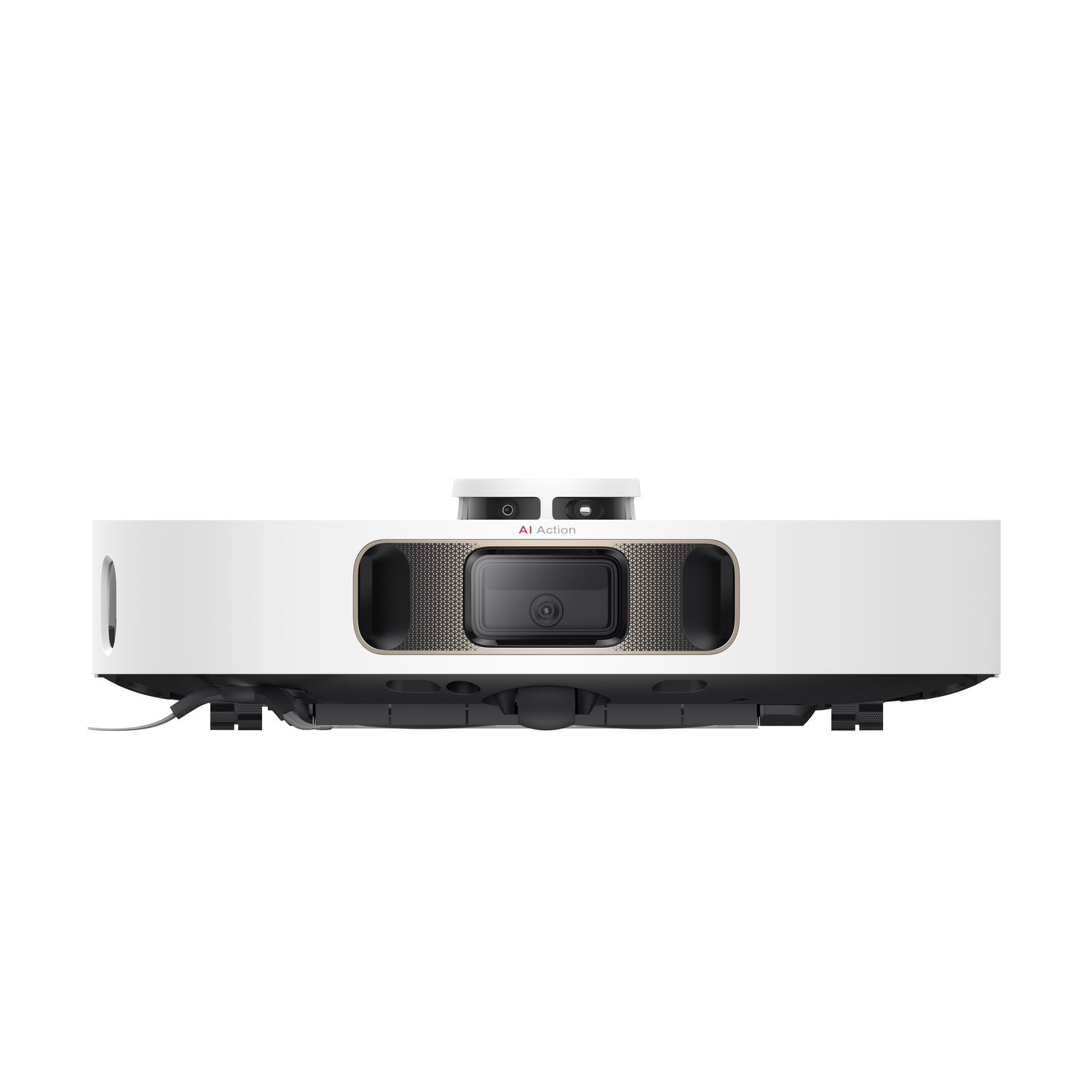Een witte robotstofzuiger met een zwarte camera en sensoren, op een witte achtergrond.