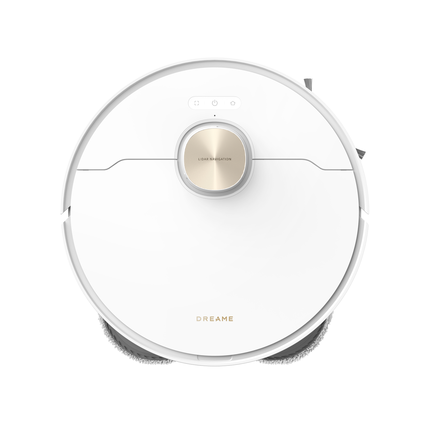 Witte robotstofzuiger met een goudkleurige centrale cirkel. "DREAME" tekst.