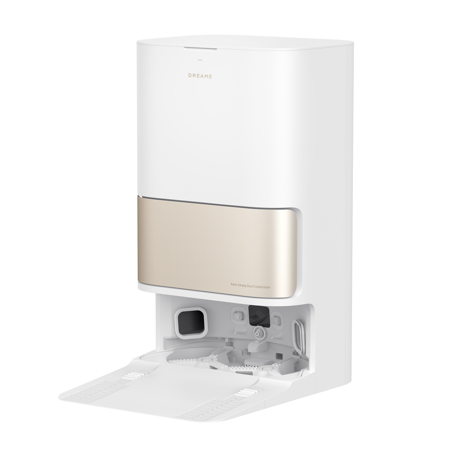 Witte en gouden Dreame robotstofzuiger met open stofbak.
