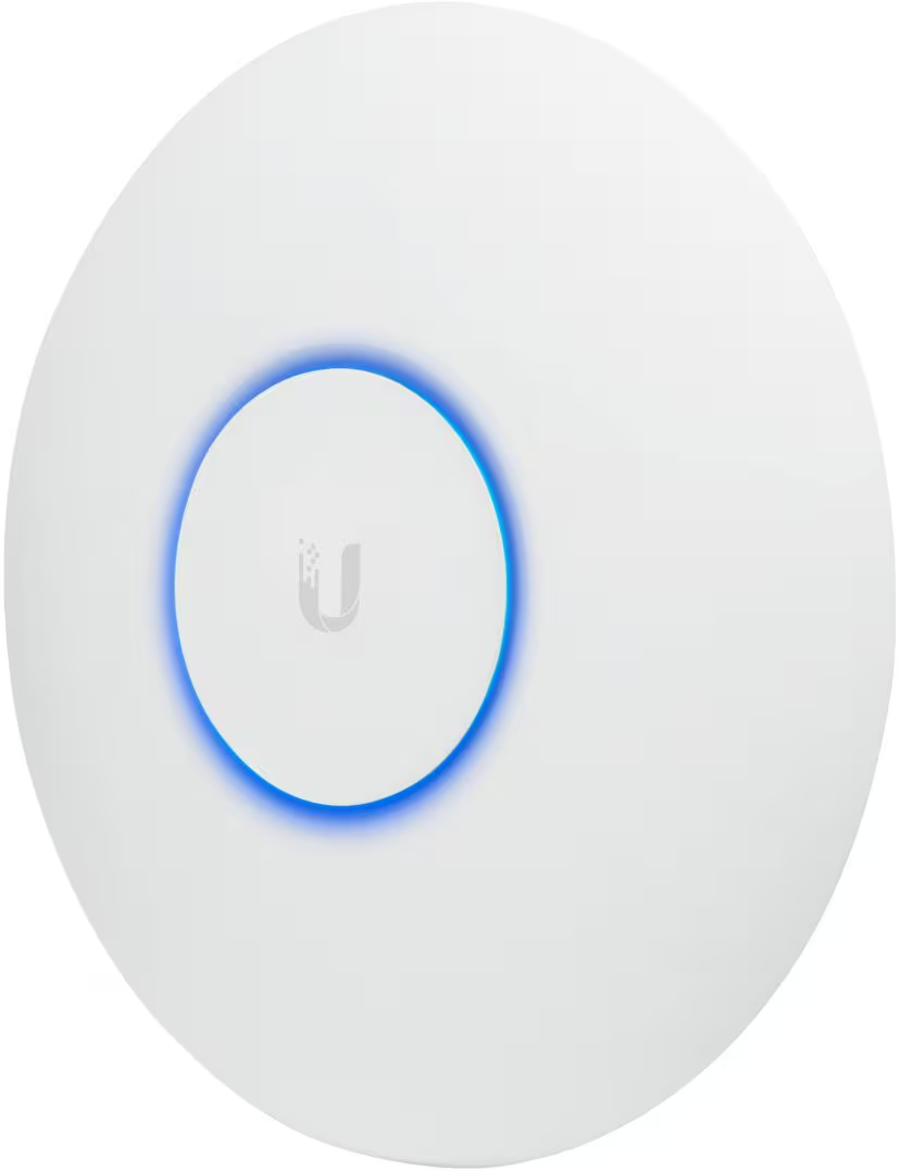 Appareil circulaire blanc avec un anneau lumineux bleu. Comporte la lettre 'U' à l'intérieur d'un logo.