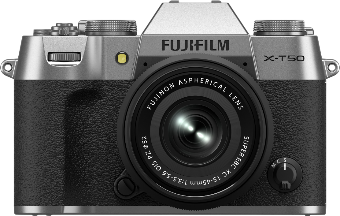Silberne und schwarze Fujifilm X-T50 Kamera. Objektiv in der Mitte.
