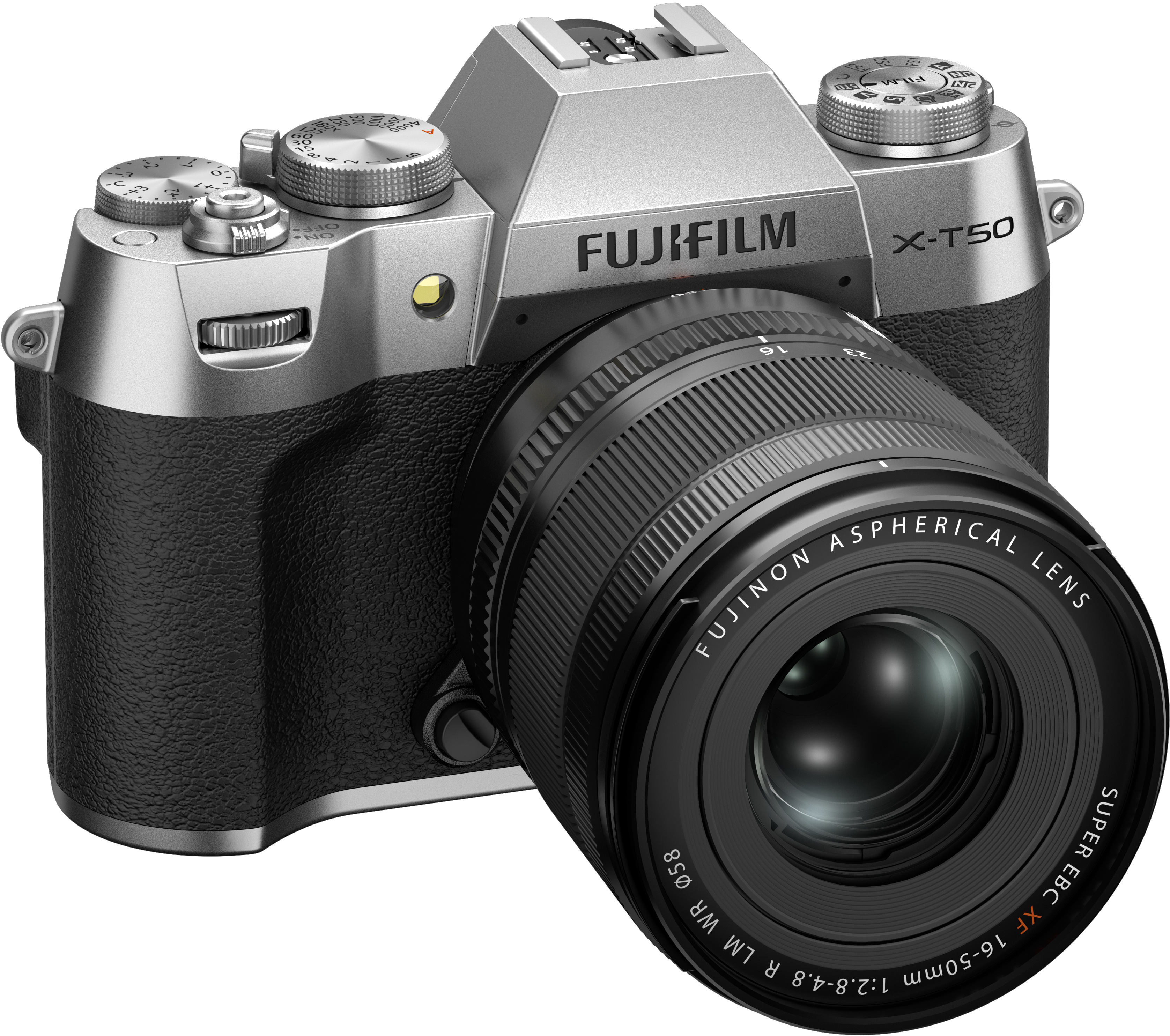Silberne und schwarze Kamera mit Objektiv. Fujifilm X-T50 Modell.