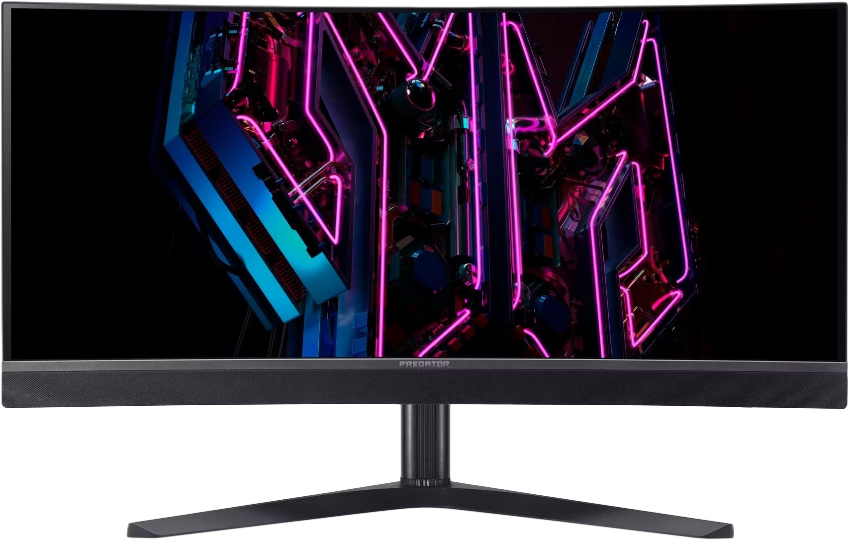 Predator monitor fekete kerettel, neon grafikát jelenít meg.