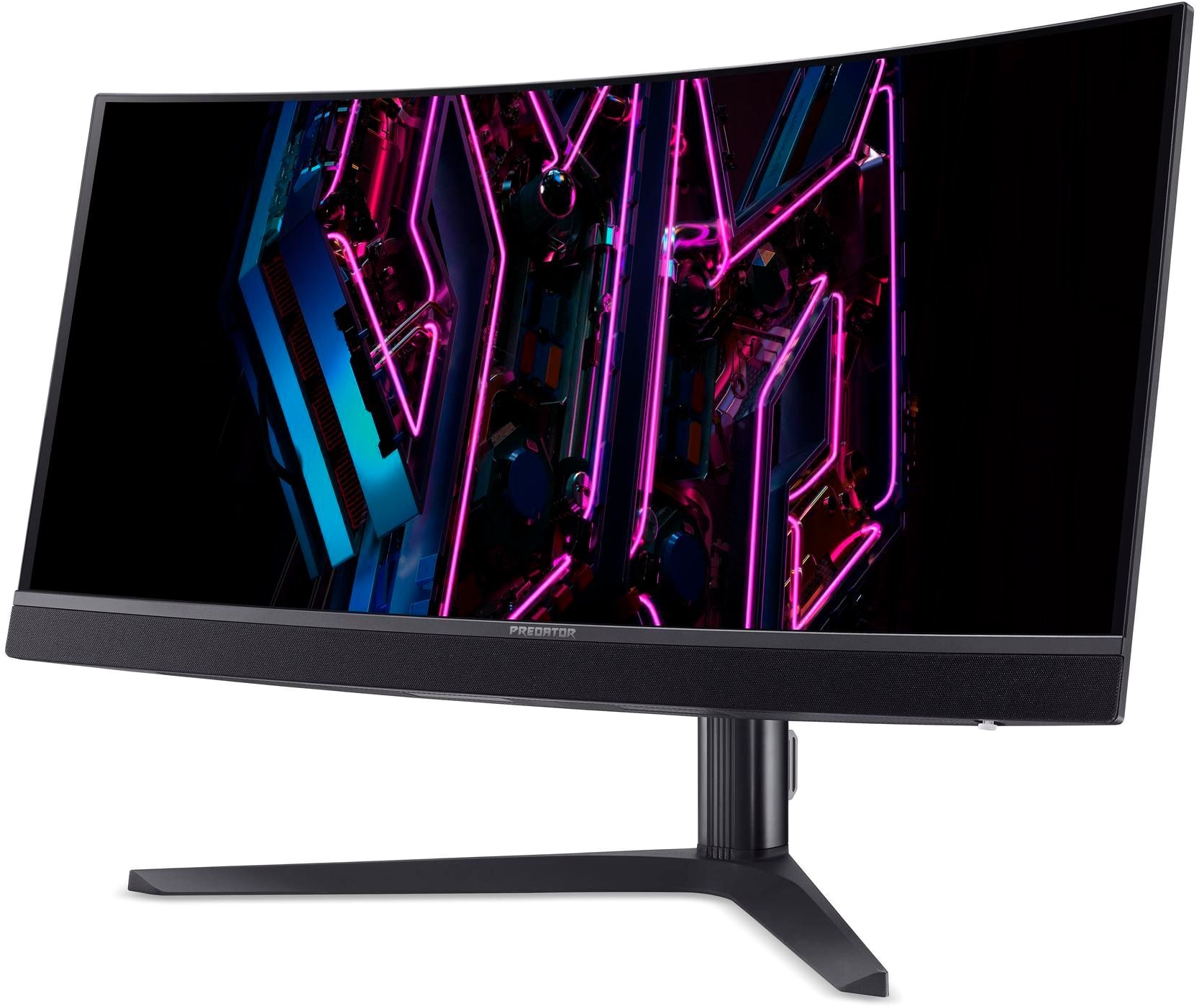 Ívelt gamer monitor színes grafikával.