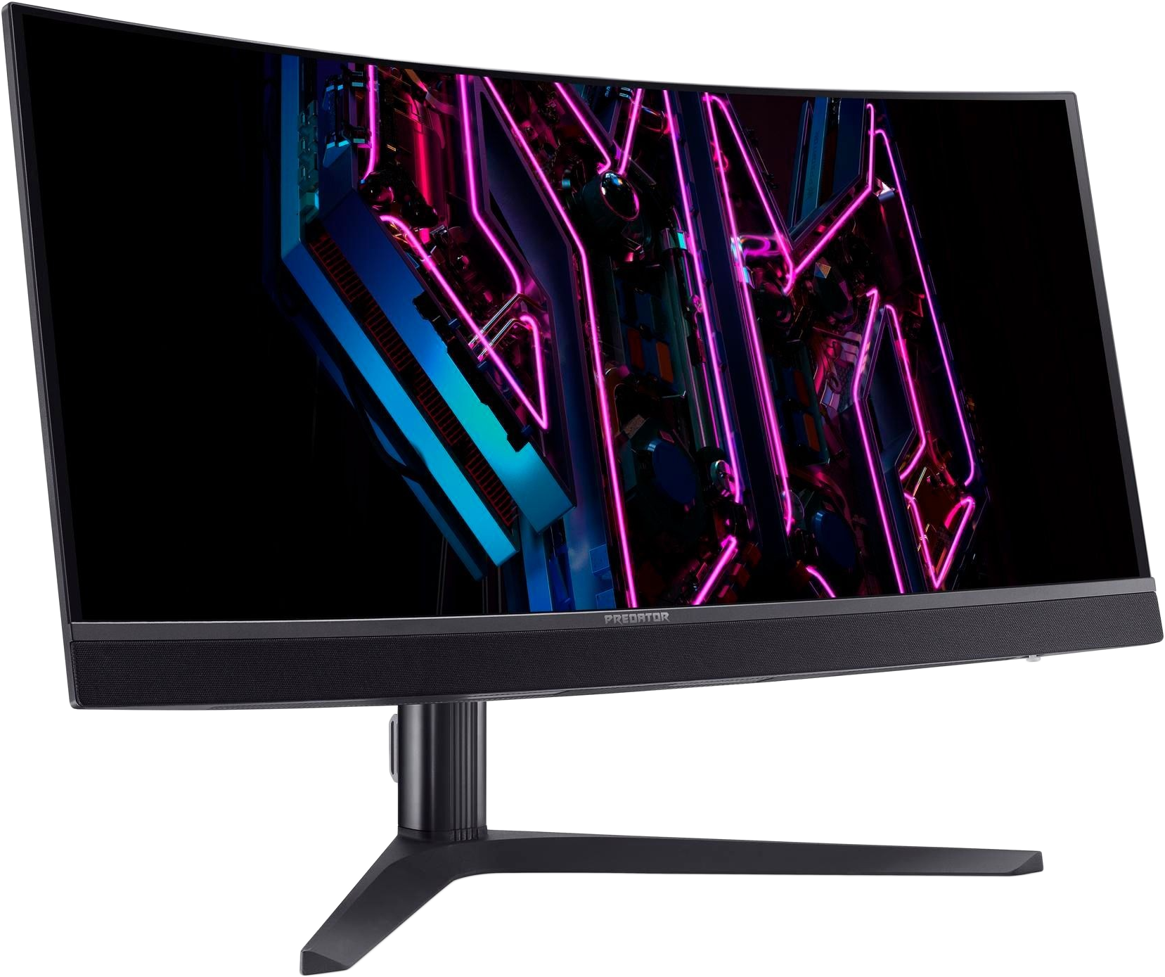 Ívelt gamer monitor fekete állvánnyal, színes grafikát jelenít meg.