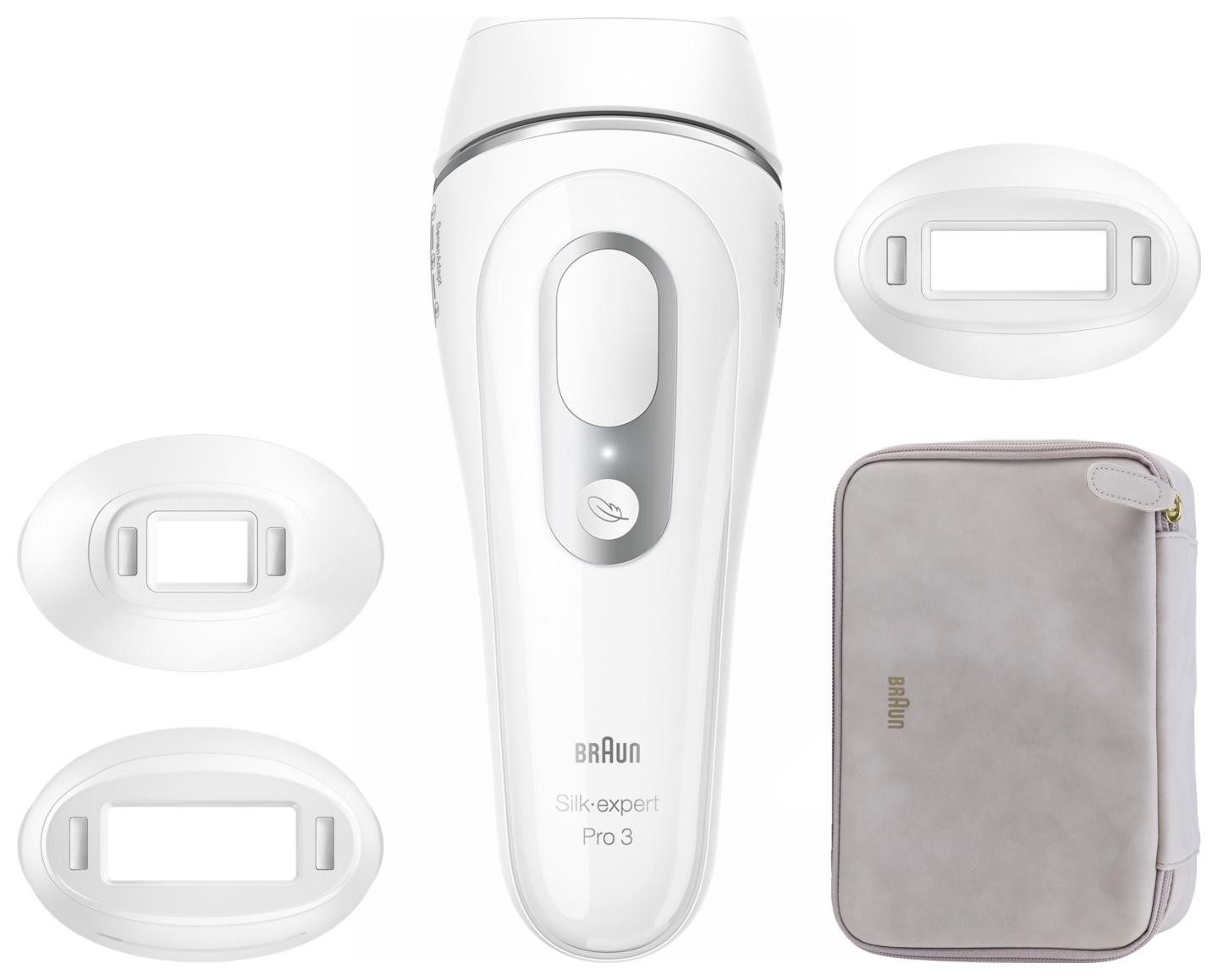 Biały depilator Braun Silk-expert Pro 3 z nasadkami i szarą torbą.