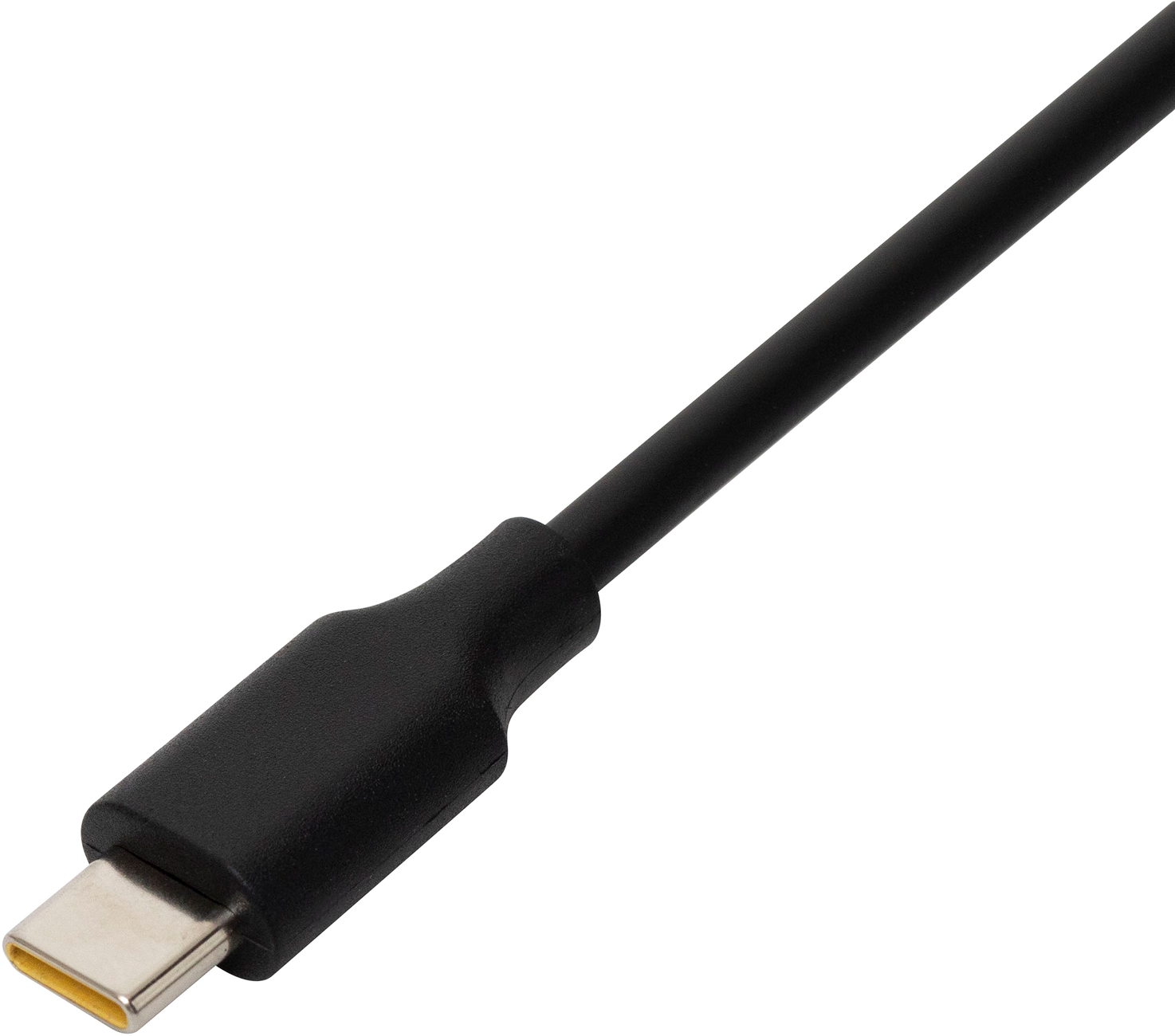 Egy fekete USB-C kábel látható sárga csatlakozóval.