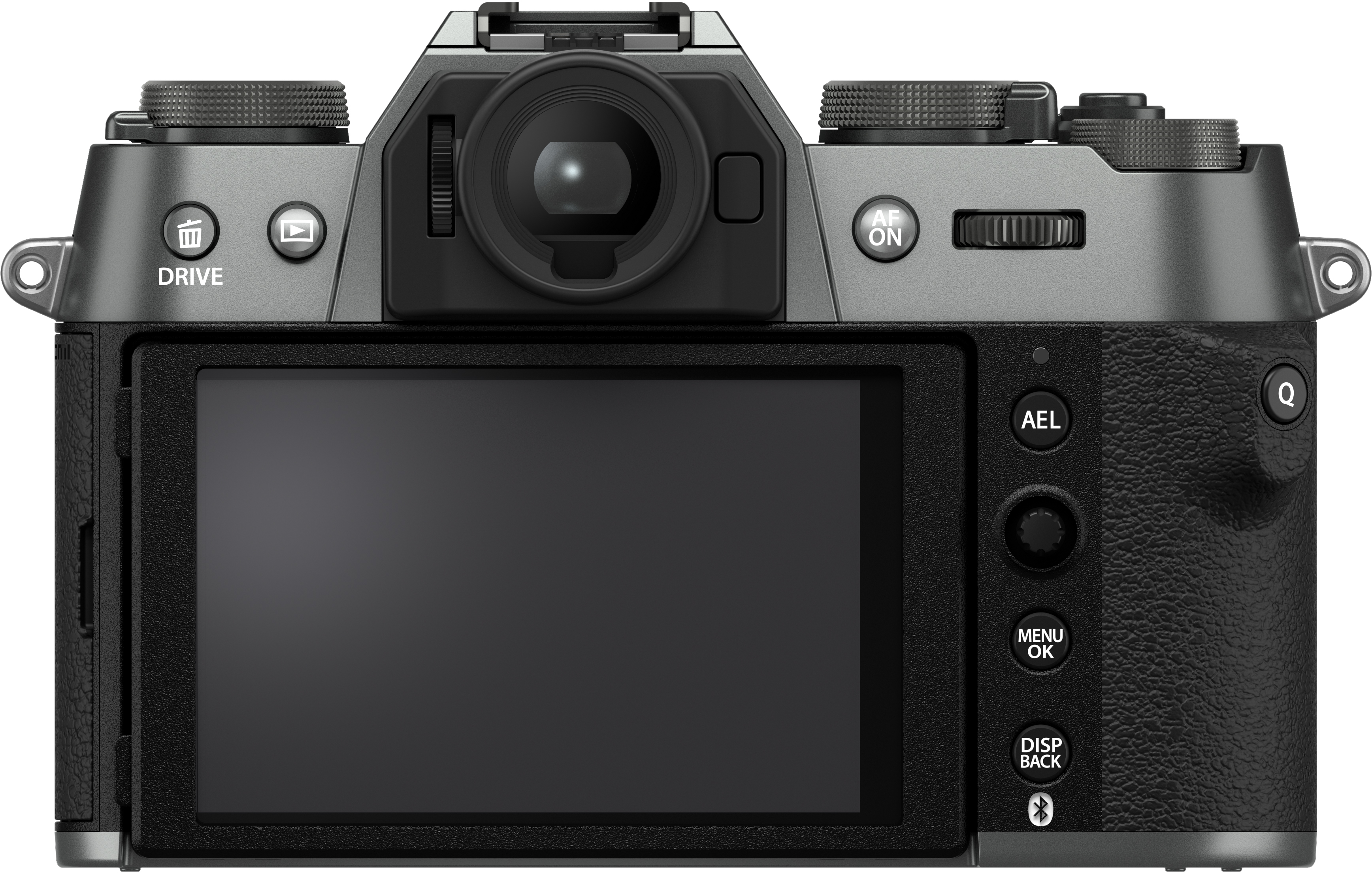 Rückseite der schwarzen Fujifilm X-T50 Kamera. Bildschirm, Knöpfe und Räder sichtbar. Fujifilm Logo.