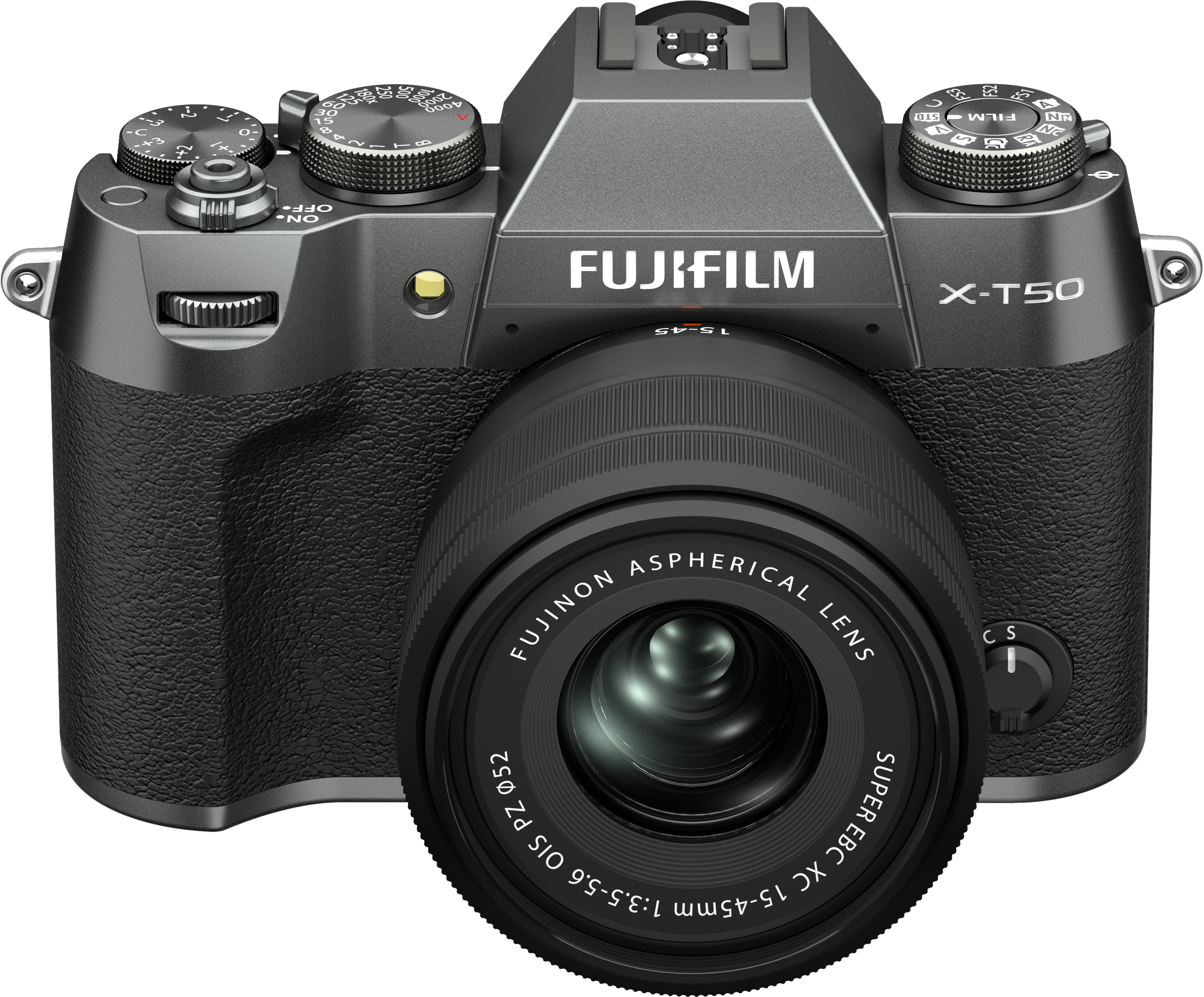 Draufsicht auf eine schwarz-graue Kamera mit Objektiv, FUJIFILM Logo.
