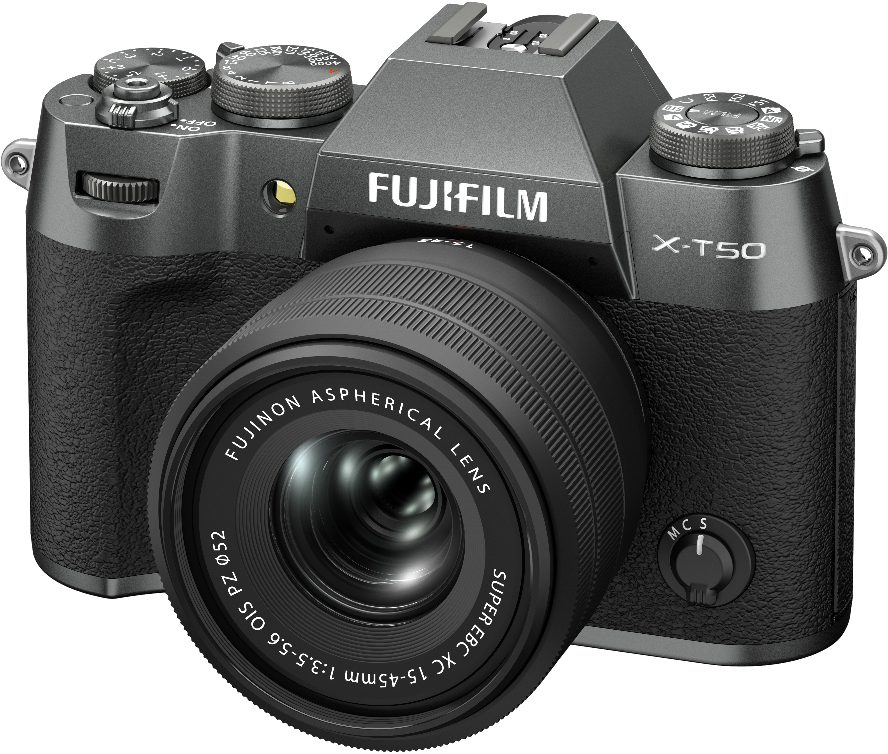 Eine schwarze Fujifilm X-T50 Kamera mit Objektiv, Rädern und dem Fujifilm Logo.