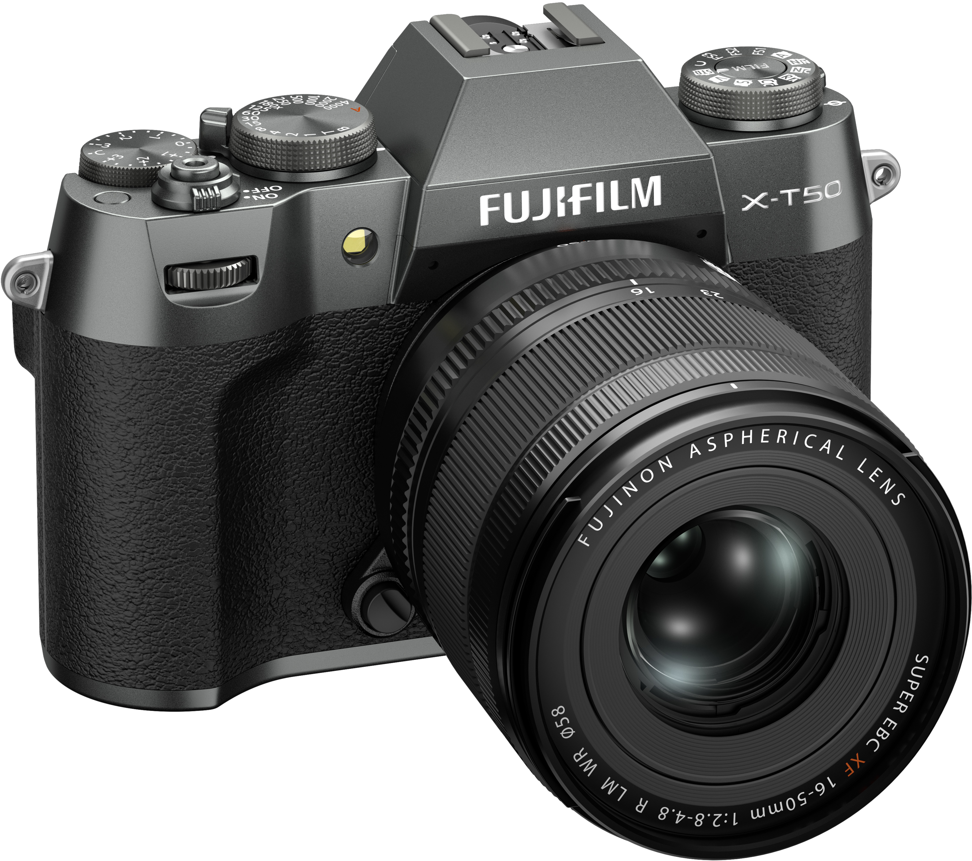 Eine graue Fujifilm-Kamera mit Objektiv.