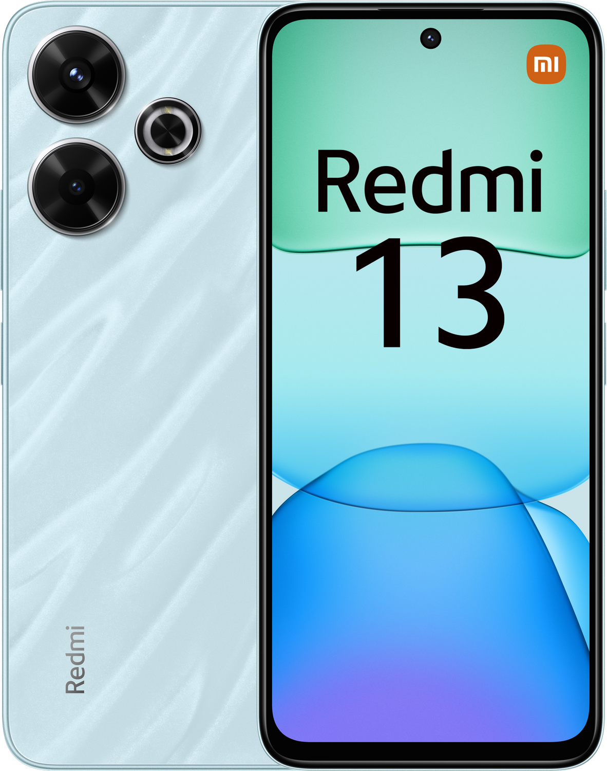 Un smartphone que muestra la parte trasera con textura azul claro y la pantalla con el logo Redmi.