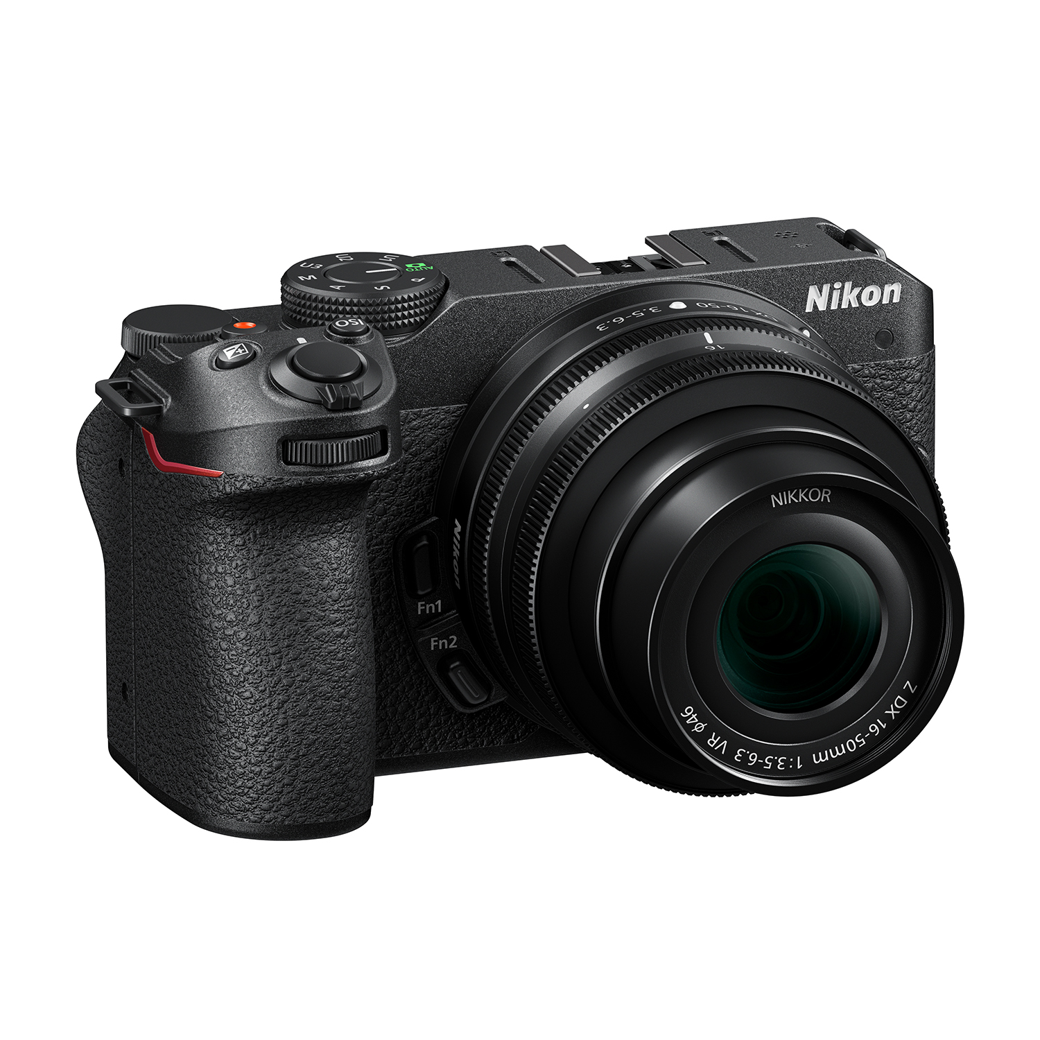 Fotocamera Nikon nera con obiettivo. Sfondo bianco.