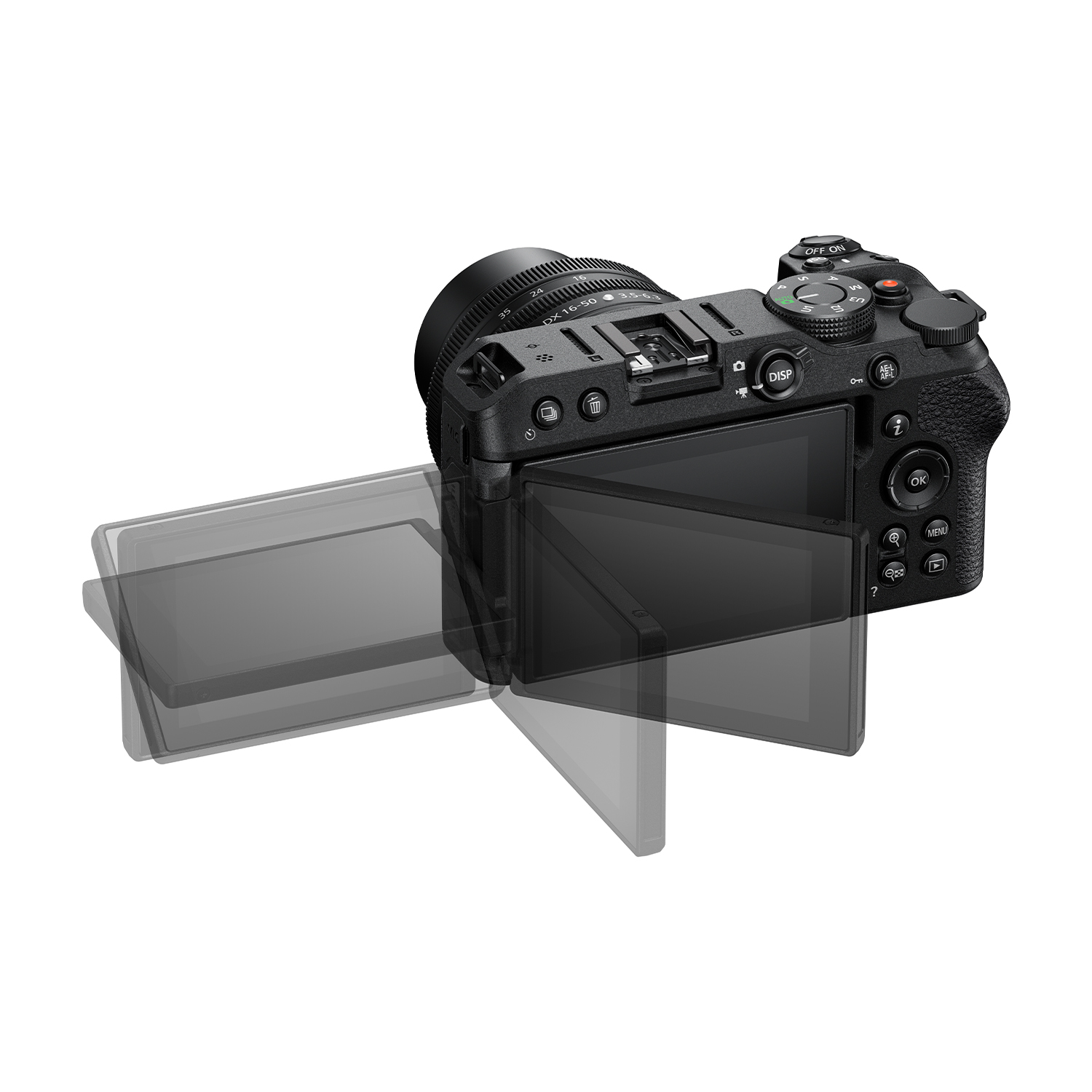 Una fotocamera nera con obiettivo. Lo schermo è aperto. Sfondo bianco.