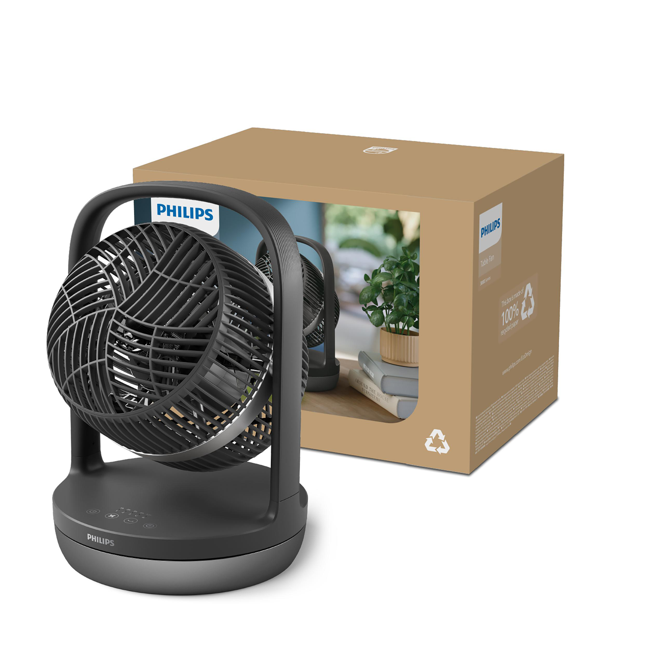 Ein schwarzer Ventilator mit einem Karton. Die Box hat ein Bild des Ventilators und etwas Text.