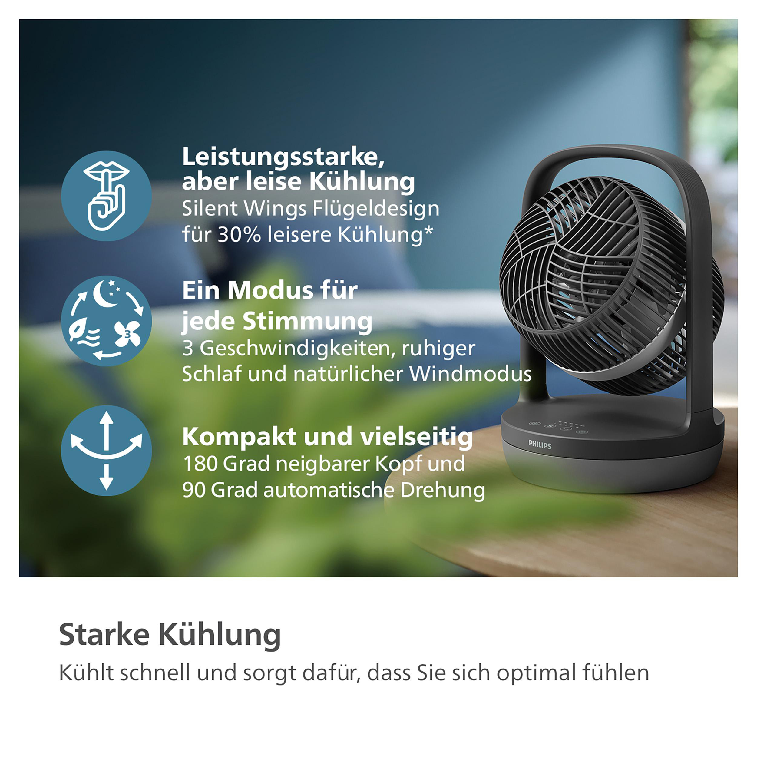 Schwarzer Philips-Ventilator mit dunklem Sockel und rundem Ventilatorkopf.