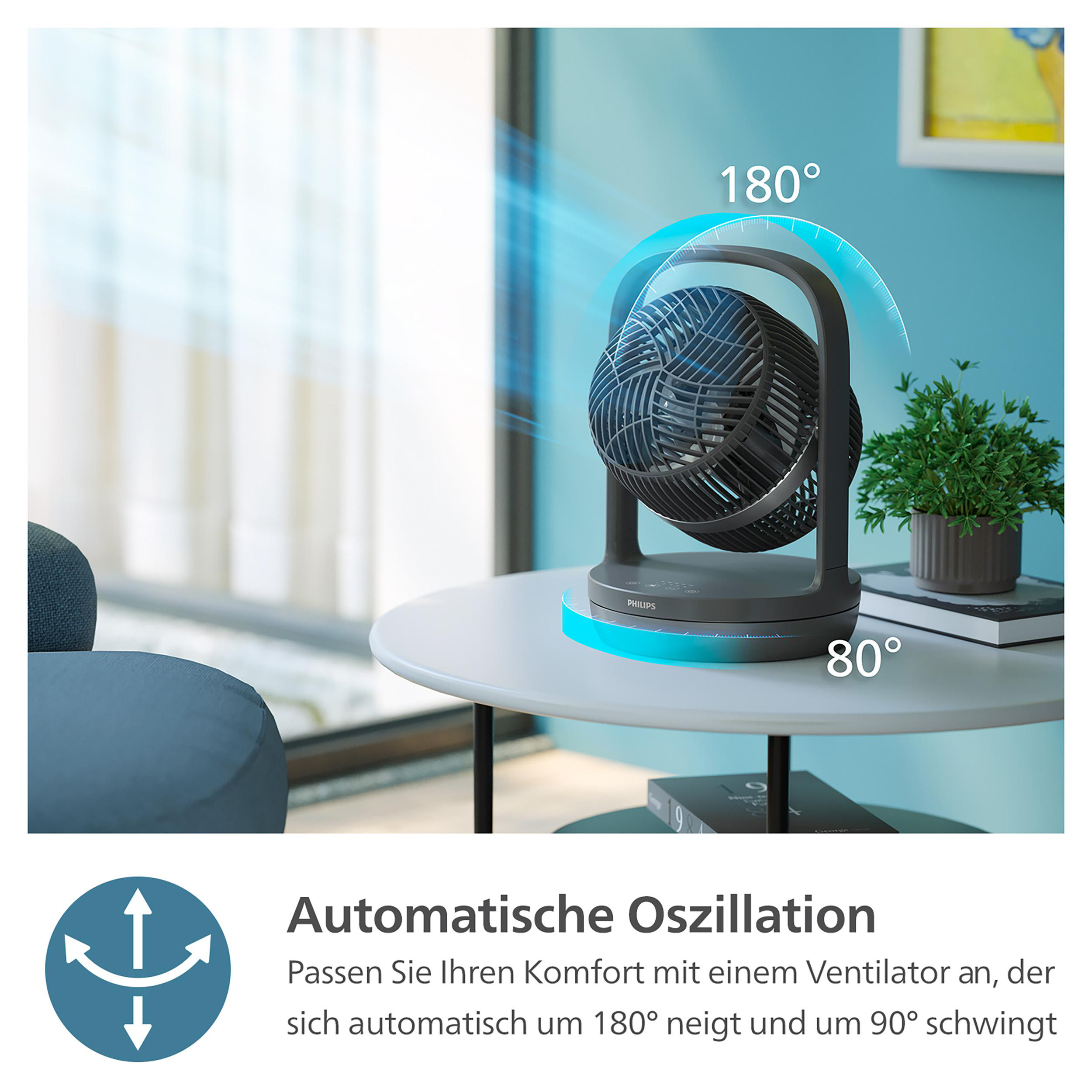 Ein schwarzer Ventilator auf einem weißen Tisch mit einer Pflanze. Blaues Licht.