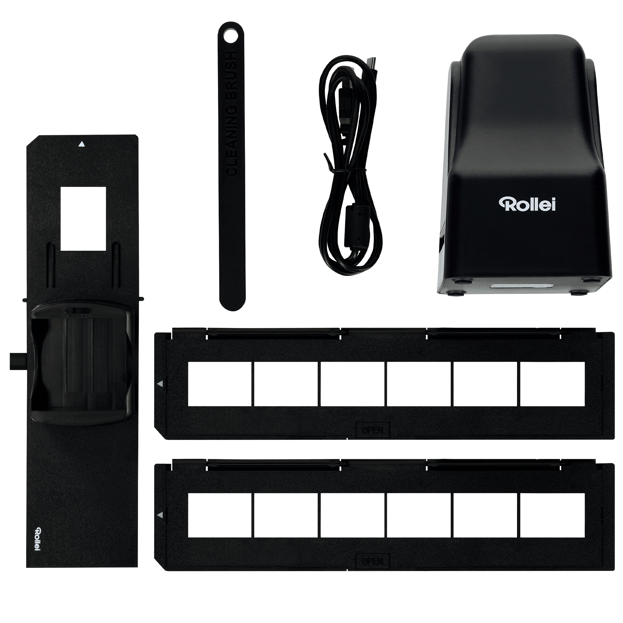 Schwarze Teile eines Scanners mit Pinsel und USB-Kabel auf weißem Hintergrund.
