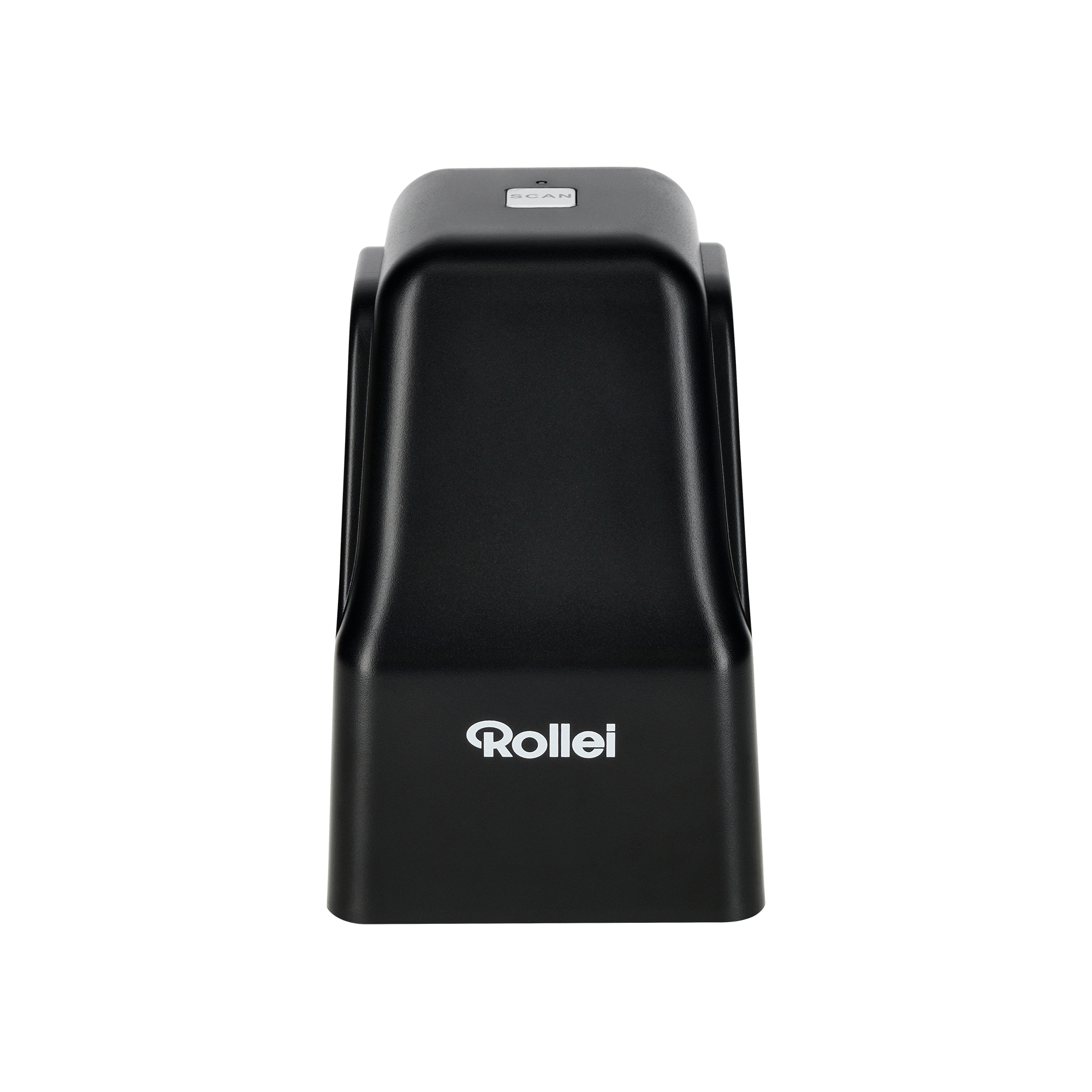 Ein schwarzer Scanner mit dem weißen Aufdruck „Rollei“. Isoliert auf weißem Hintergrund.
