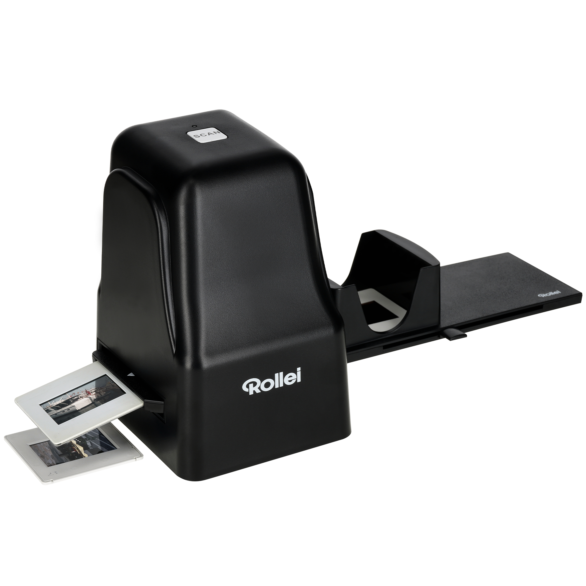 Schwarzer Rollei Diascanner. Zwei Dias sind auf dem Scanner platziert, das Rollei-Logo ist sichtbar.
