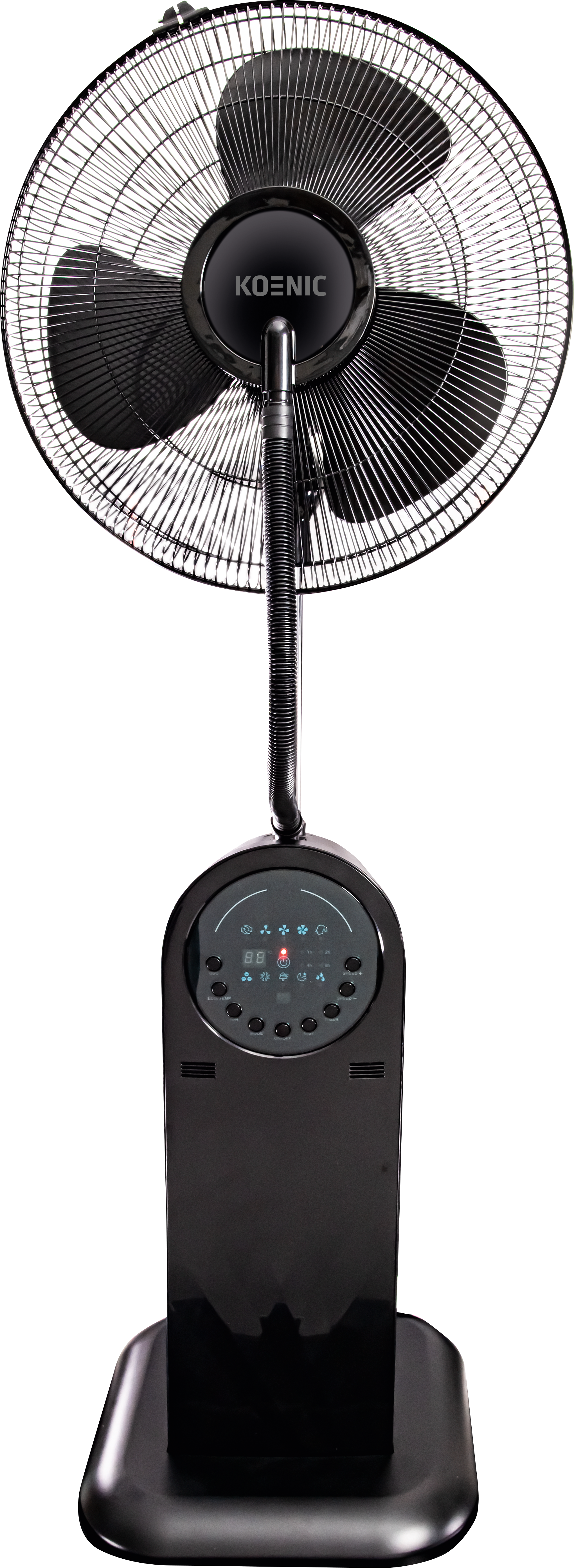 Egy fekete KOENIC álló ventilátor digitális vezérlőpanellel és fekete alappal.