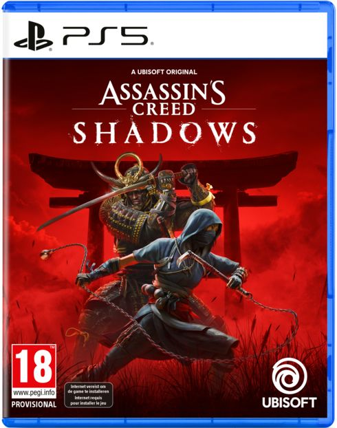 Boîtier du jeu Assassin's Creed Shadows PS5. L'illustration présente deux guerriers sur fond rouge.