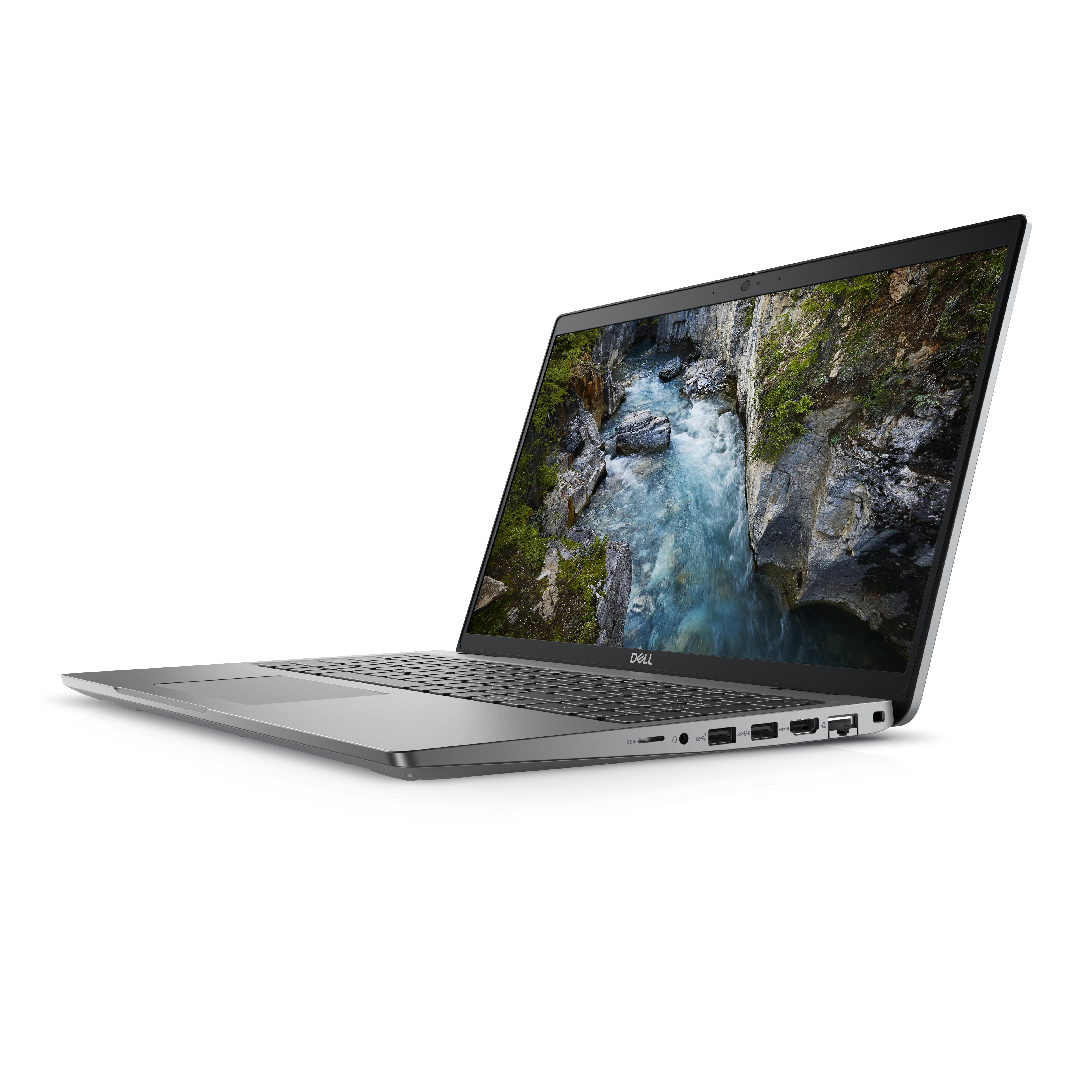 Dell Laptop, offen, zeigt Bildschirm mit Flussszene, weißer Hintergrund.