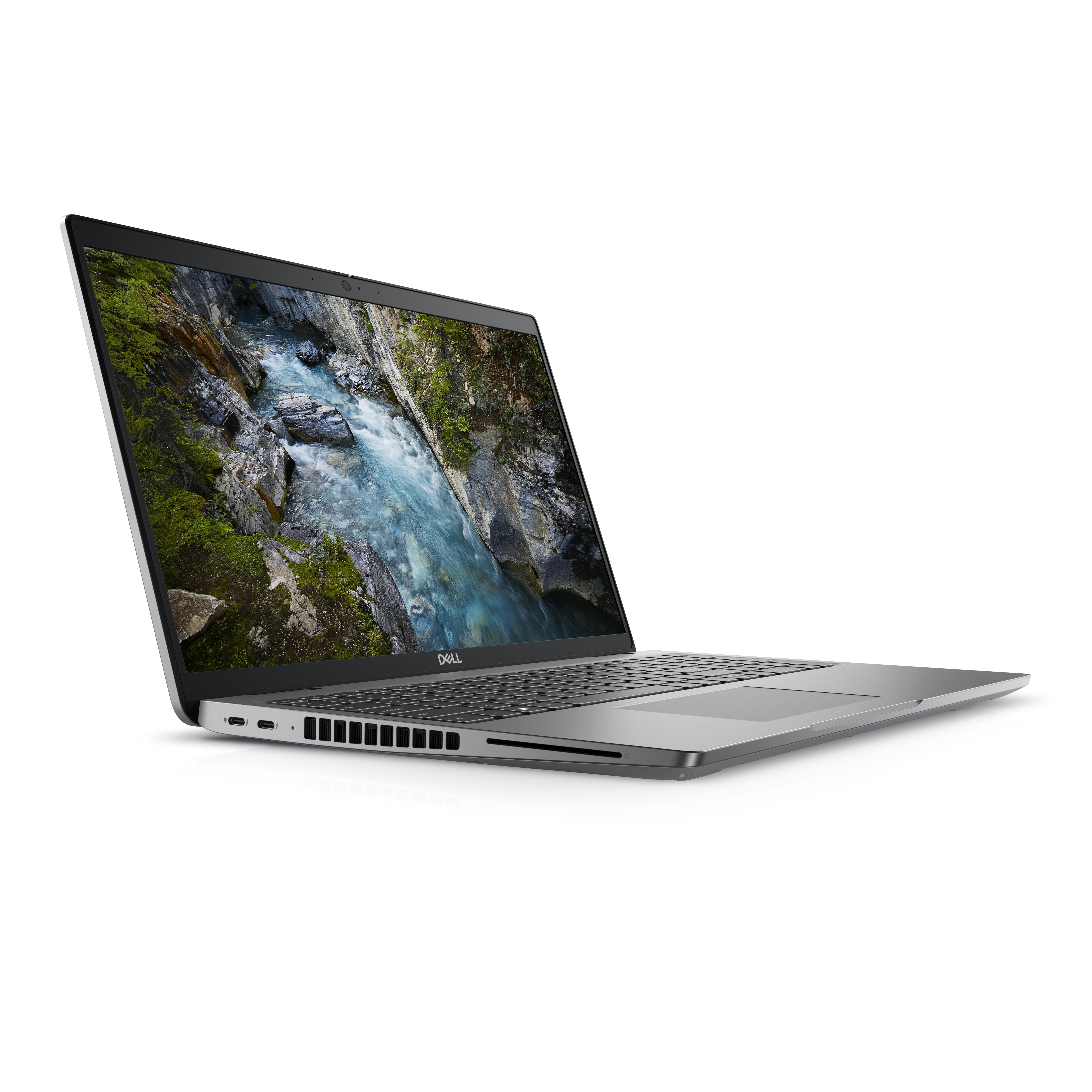 Laptop mit Flussszene, geöffnet auf weißem Hintergrund.