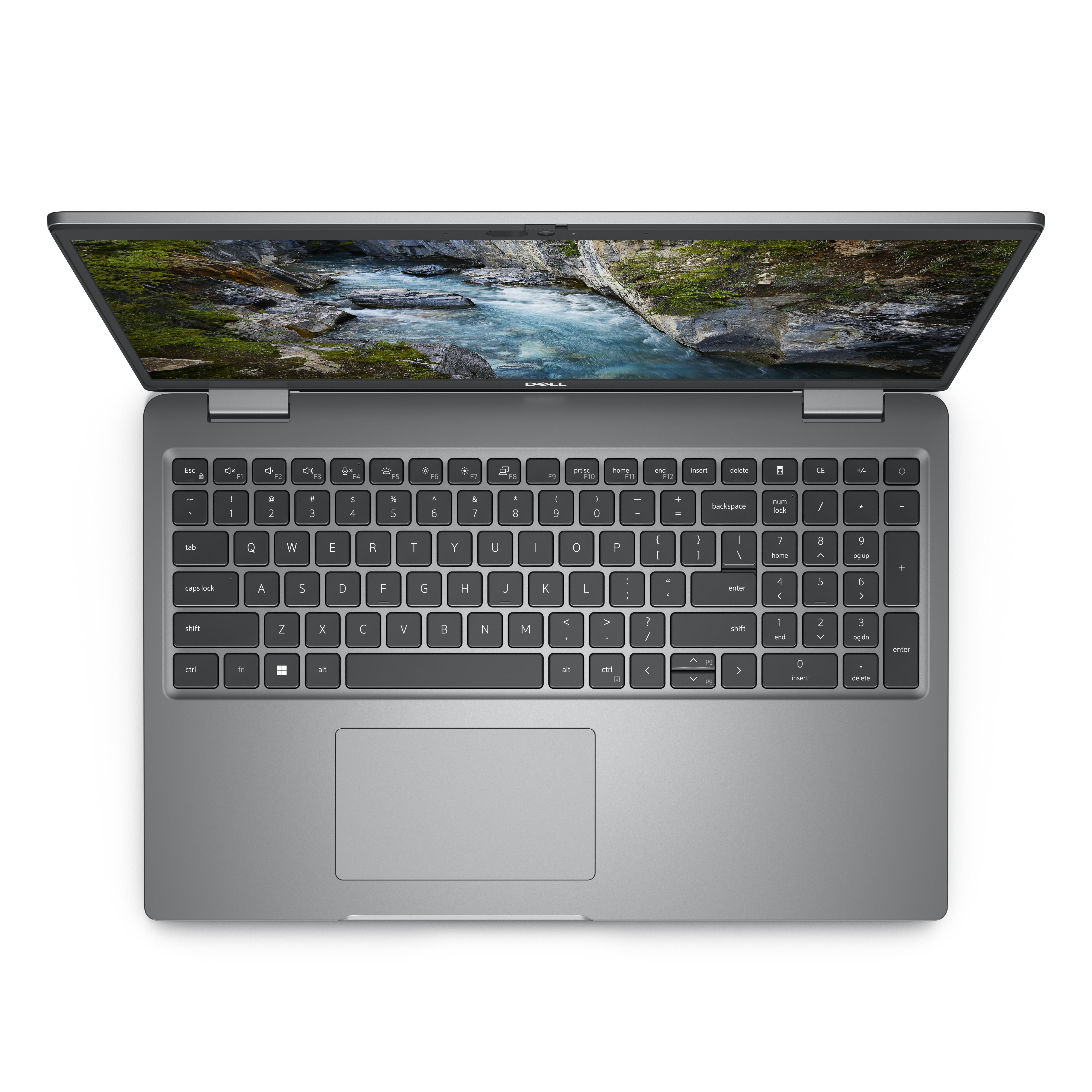 Laptop-Tastatur, Draufsicht. Der Bildschirm zeigt eine Landschaftsszene. Der Laptop ist silberfarben.