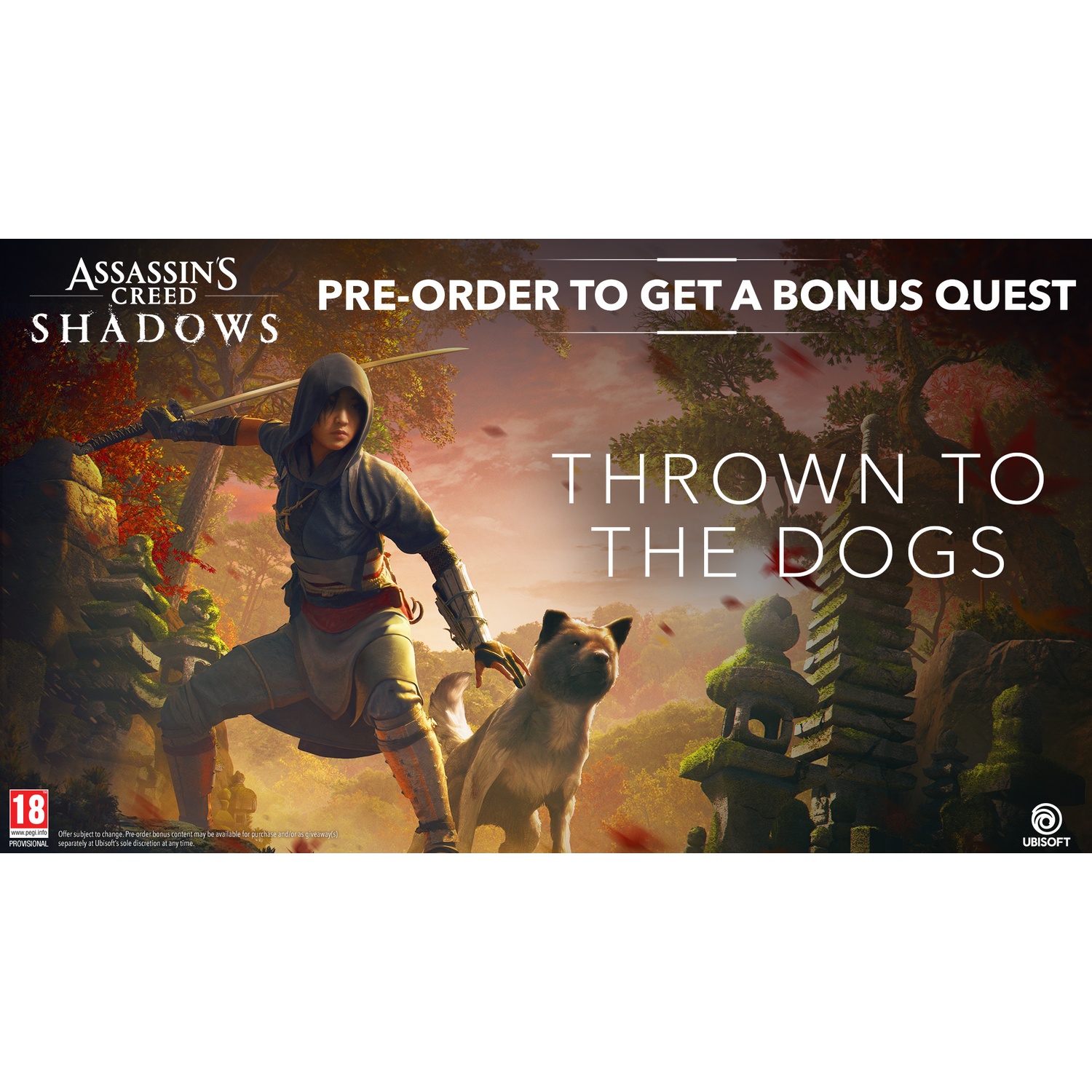 Assassin's Creed Shadows promotiebeeld met een vrouw die zwaarden vasthoudt en een hond.