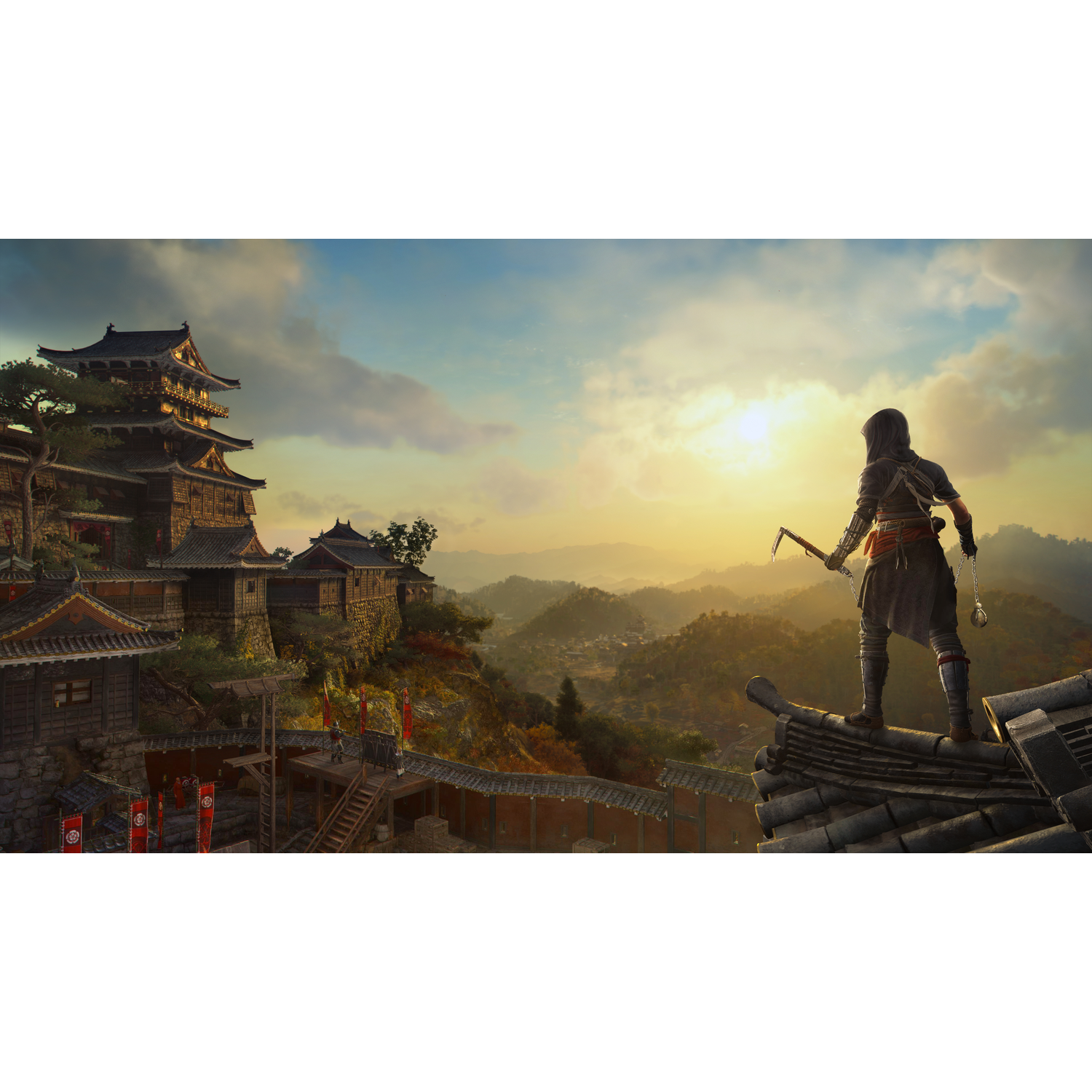 Assassin's Creed personage op een dak met uitzicht op een Japans dorp bij zonsondergang.