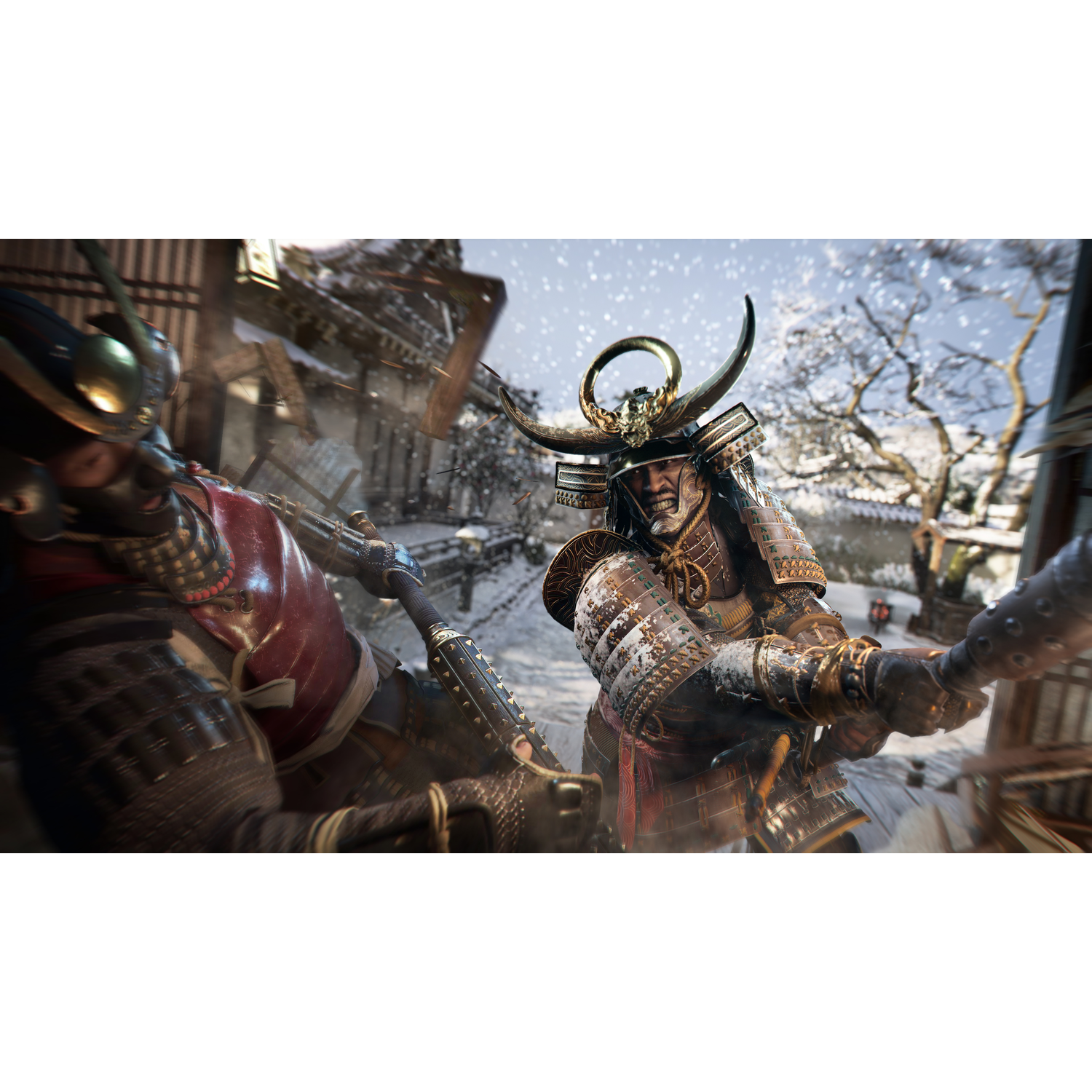 Samurai-krijgers vechten in een besneeuwde omgeving.