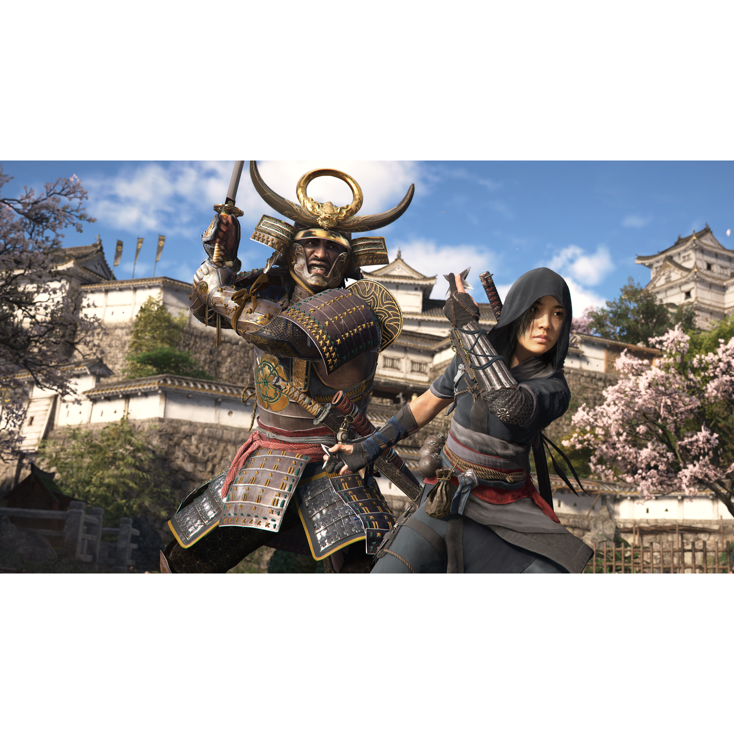 Samurai krijger en ninja in gevecht, tegen kasteel en lucht.