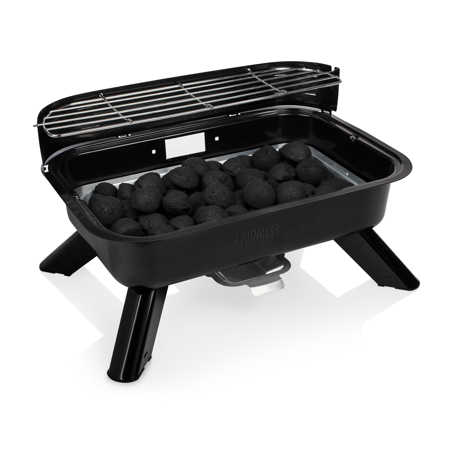 Barbecue portatile nero con carbone. Aperto, con griglia sopra.